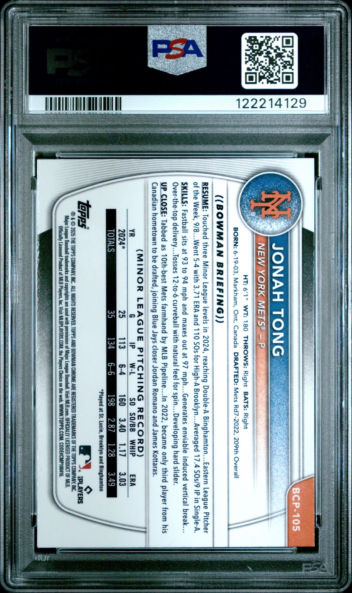 2025 Bowman Chrome Prospects BCP105 Jonah Tong PSA 10 product image