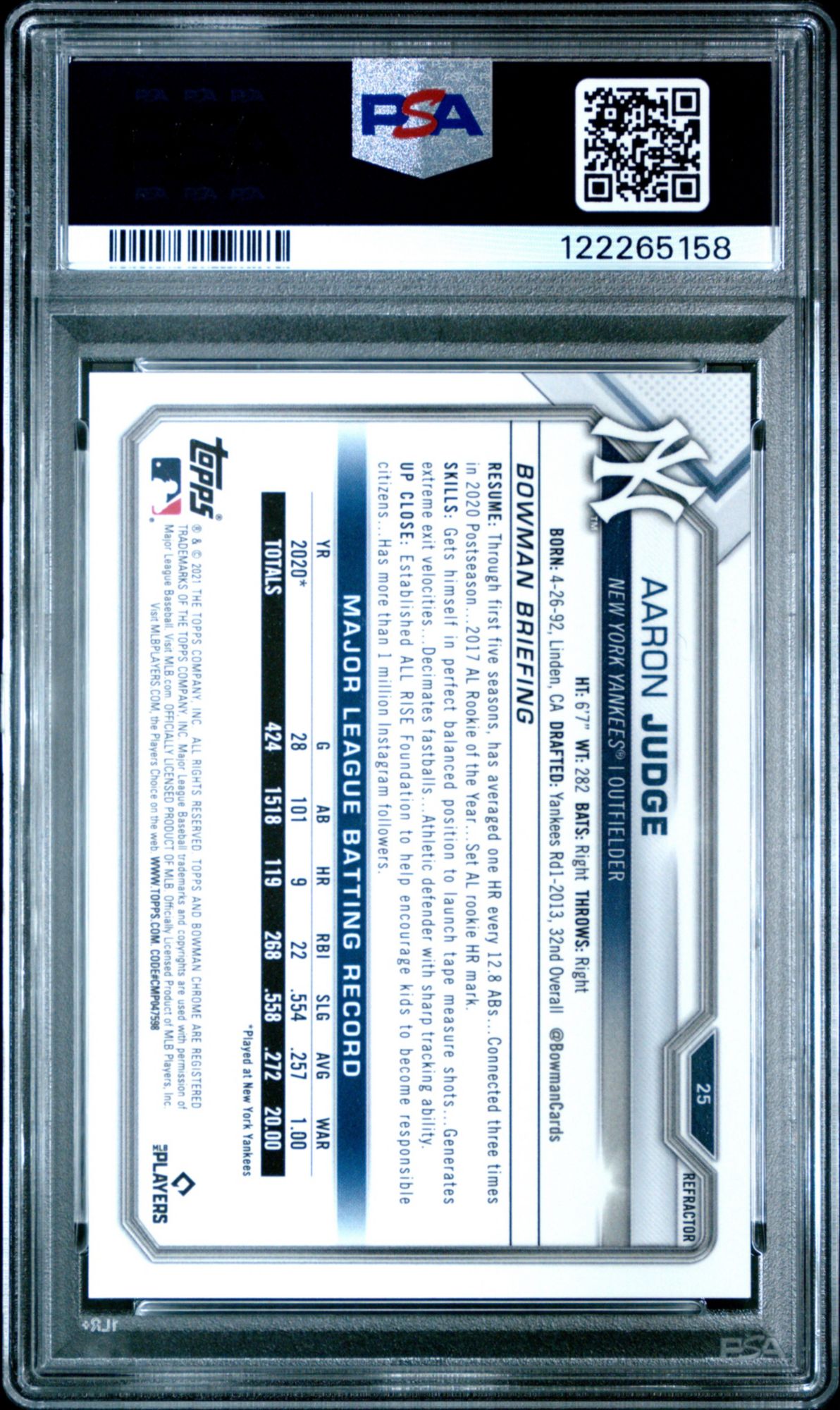 2021 Bowman Chrome 25 Aaron Judge Refractor PSA 10 product image