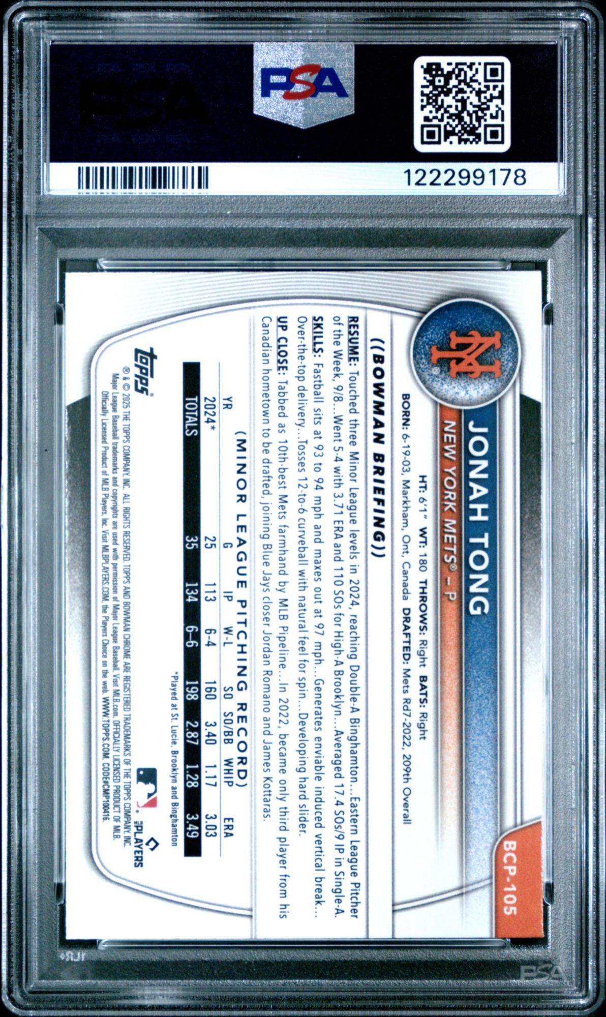 2025 Bowman Chrome Prospects BCP105 Jonah Tong PSA 9 product image