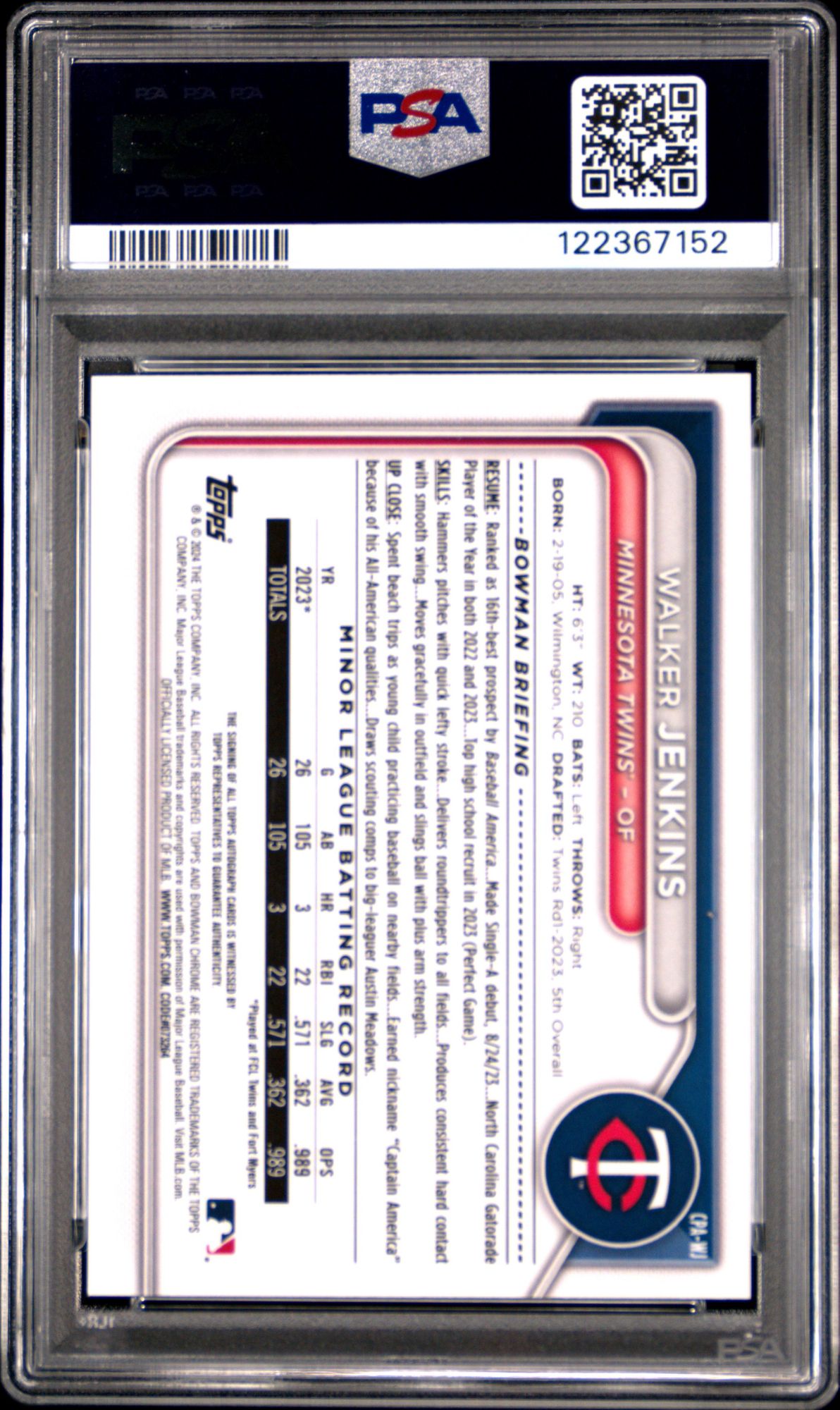 2024 Bowman Chrome Prospect Autographs CPAWJ Walker Jenkins PSA 9 product image
