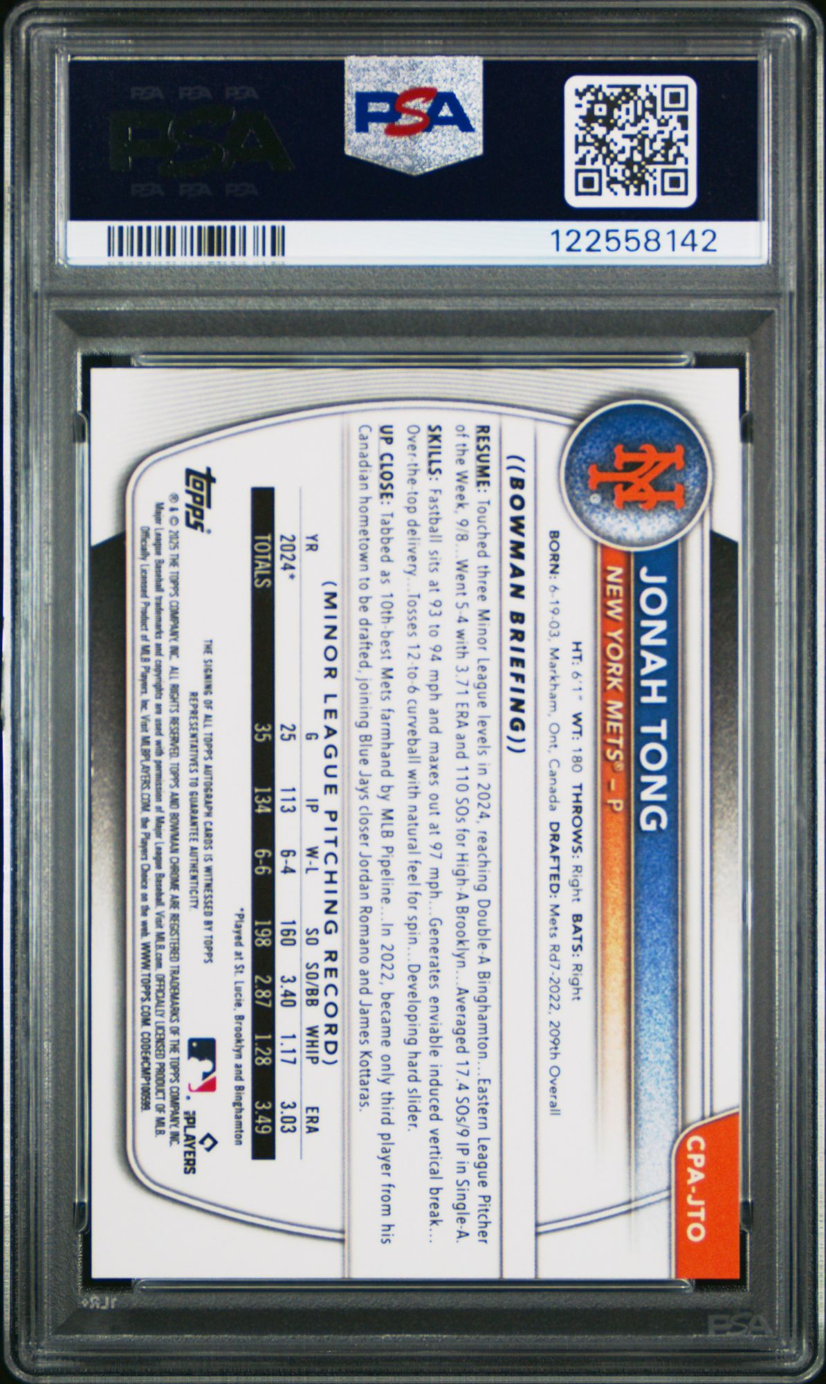 2025 Bowman Chrome Prospect Autographs CPAJTO Jonah Tong  PSA 9 product image