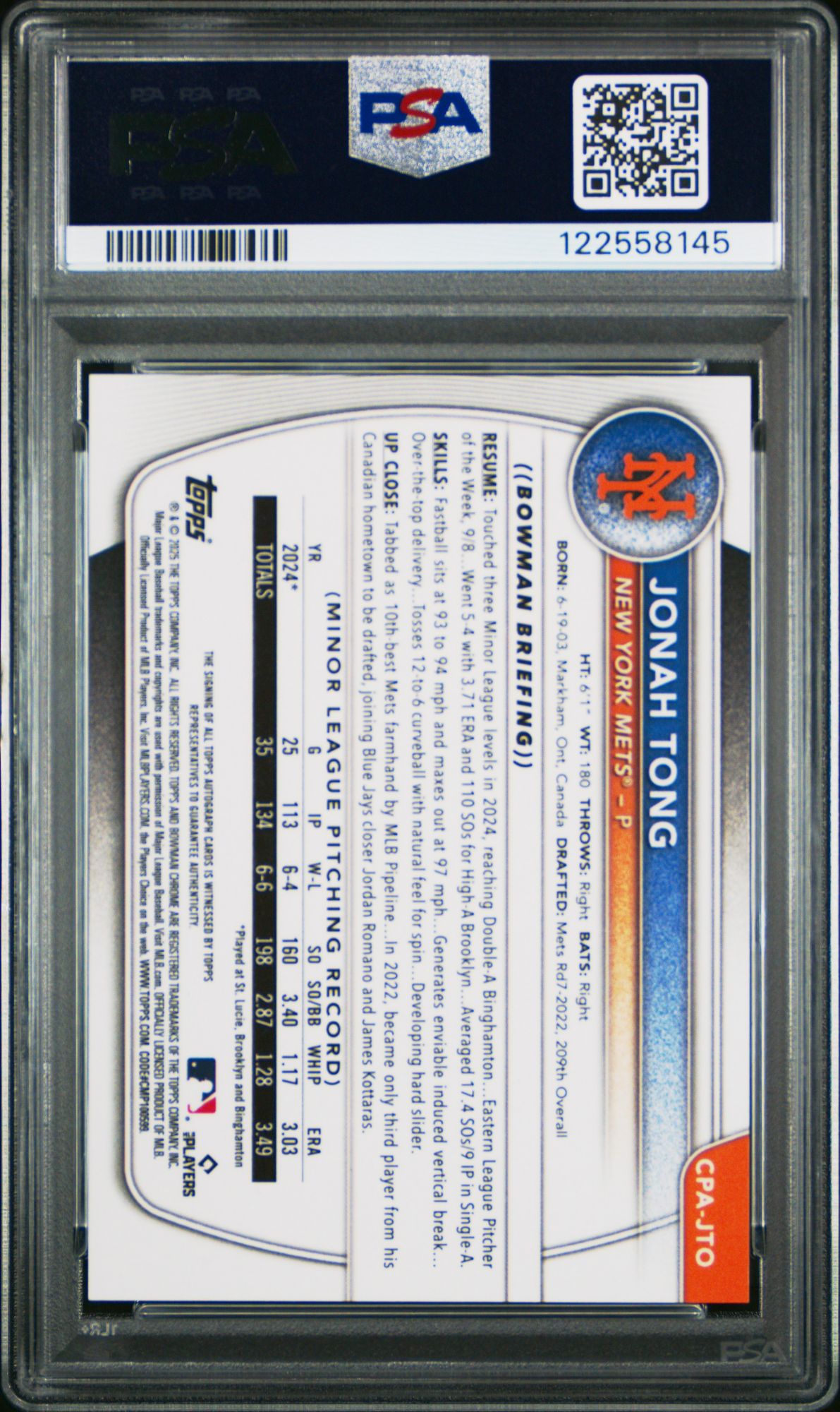 2025 Bowman Chrome Prospect Autographs CPAJTO Jonah Tong Purple Refractor PSA 9 product image
