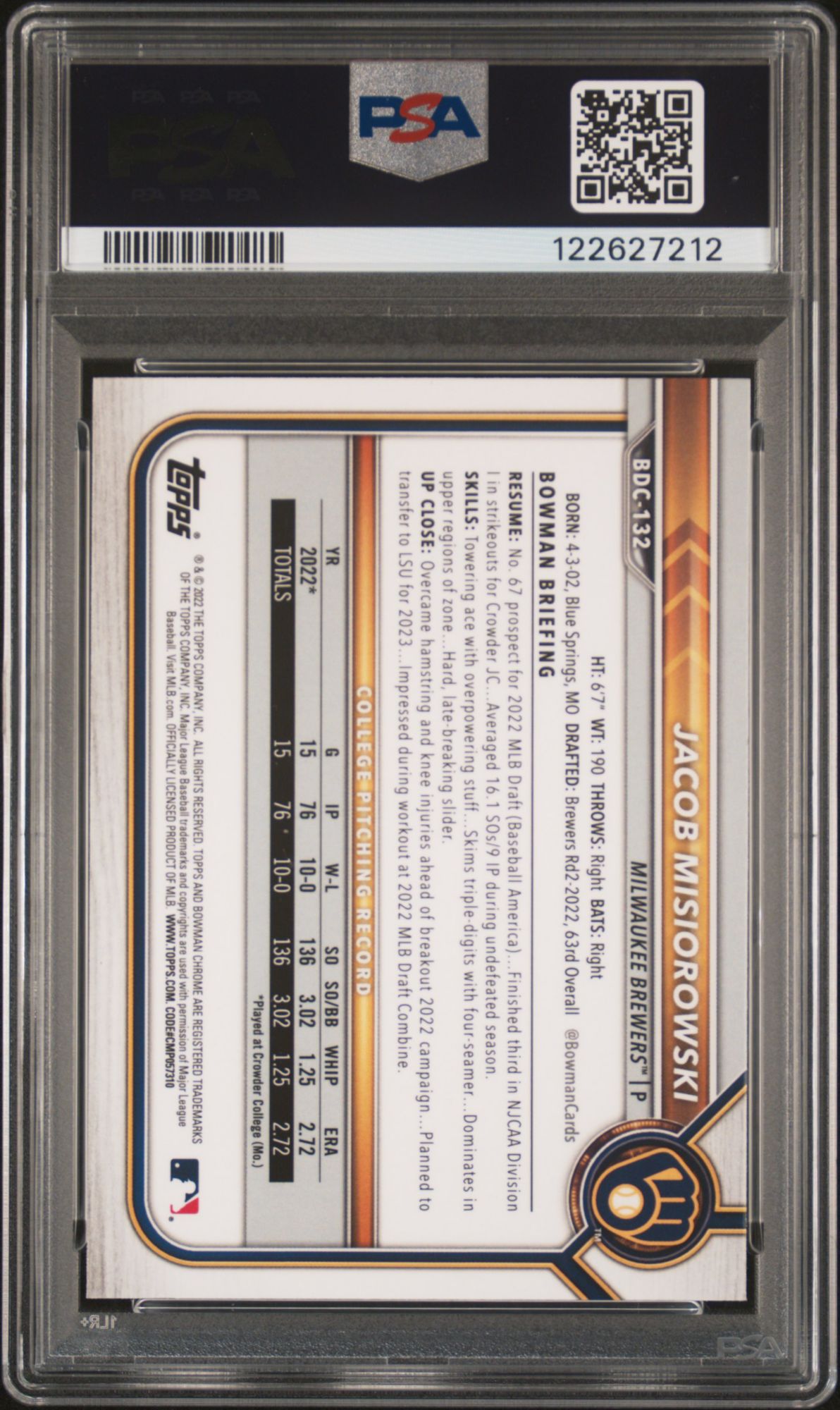 2022 Bowman Draft Bdc132 Jacob Misiorowski Chrome PSA 10 product image