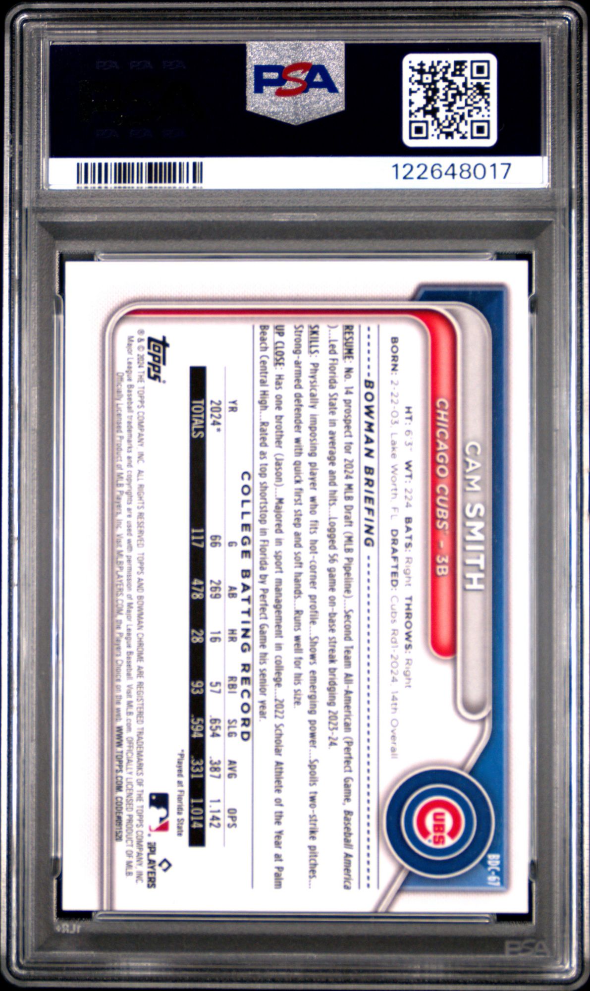 2024 Bowman Draft BDC67 Cam Smith Chrome-Image Variation PSA 10 product image