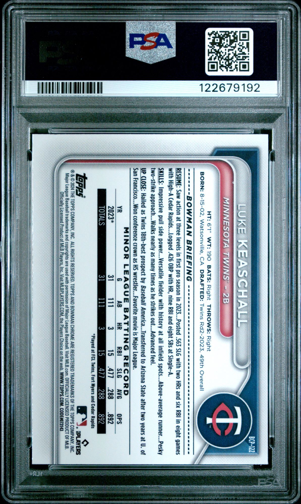 2024 Bowman Sapphire Edition Chrome Prospects BCP122 Luke Keaschall PSA 10 product image