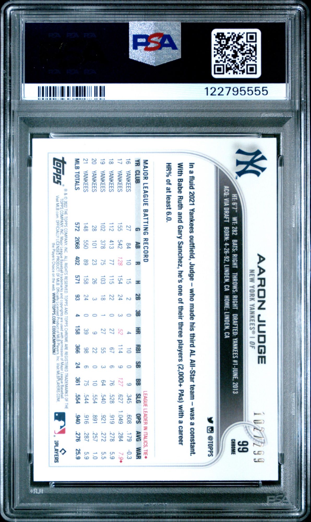 2022 Topps Chrome 99 Aaron Judge Purple Speckle Refractor PSA 10 product image