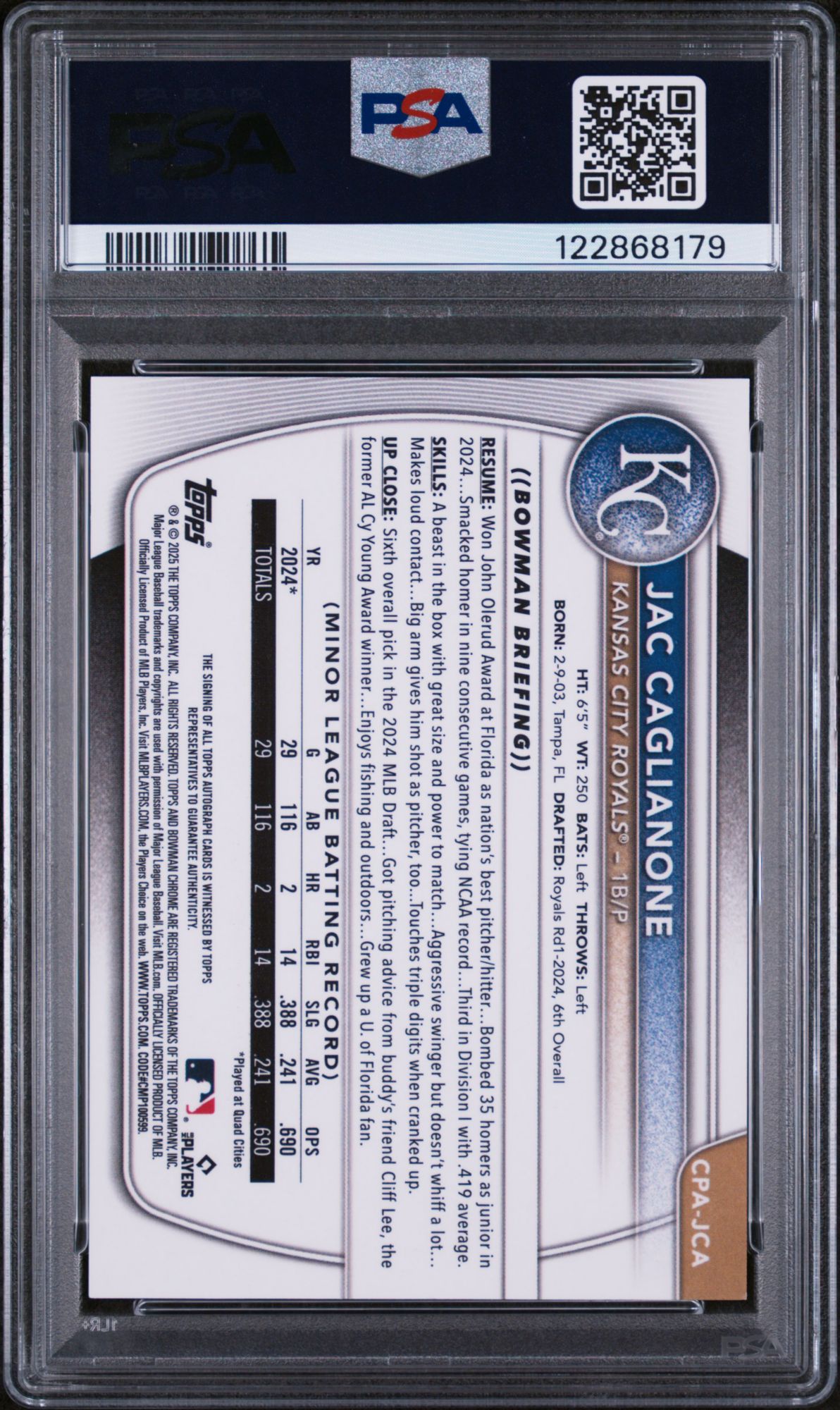 2025 Bowman Chrome Prospect Autographs Cpajca Jac Caglianone  PSA 9 product image