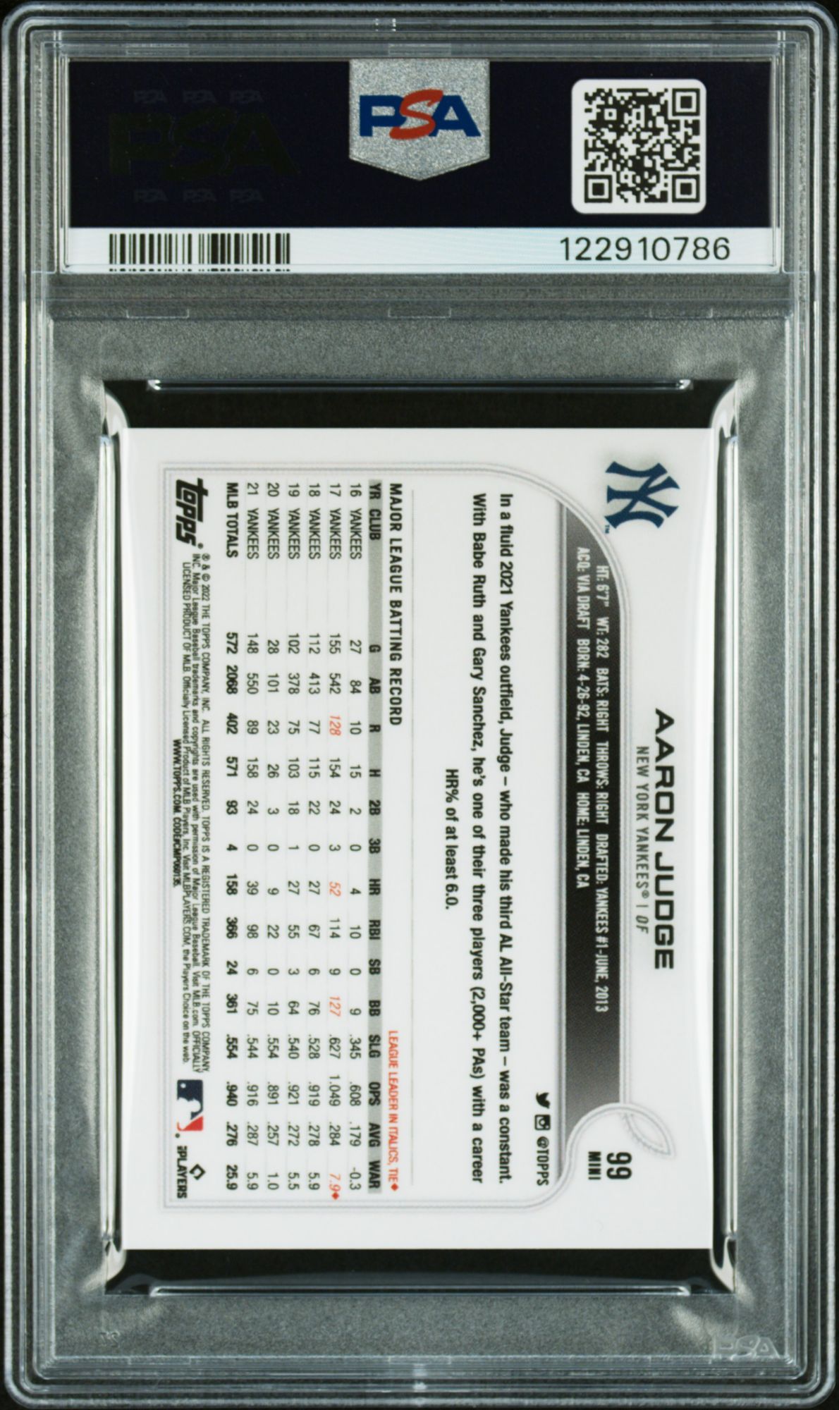 2022 Topps Mini 99 Aaron Judge PSA 10 product image