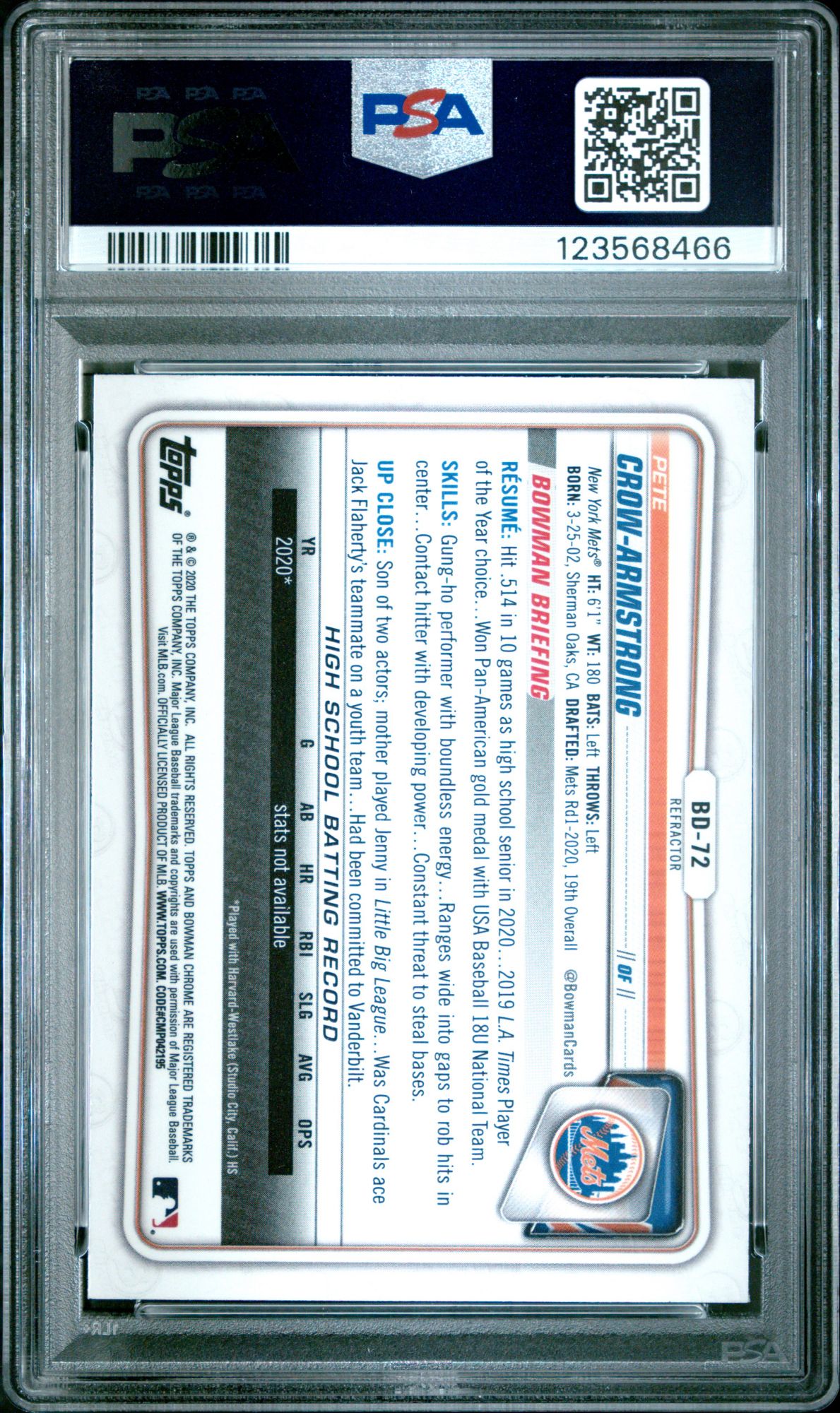 2020 Bowman Draft BD72 Pete Crow-Armstrong Chrome-Refractor PSA 10 product image