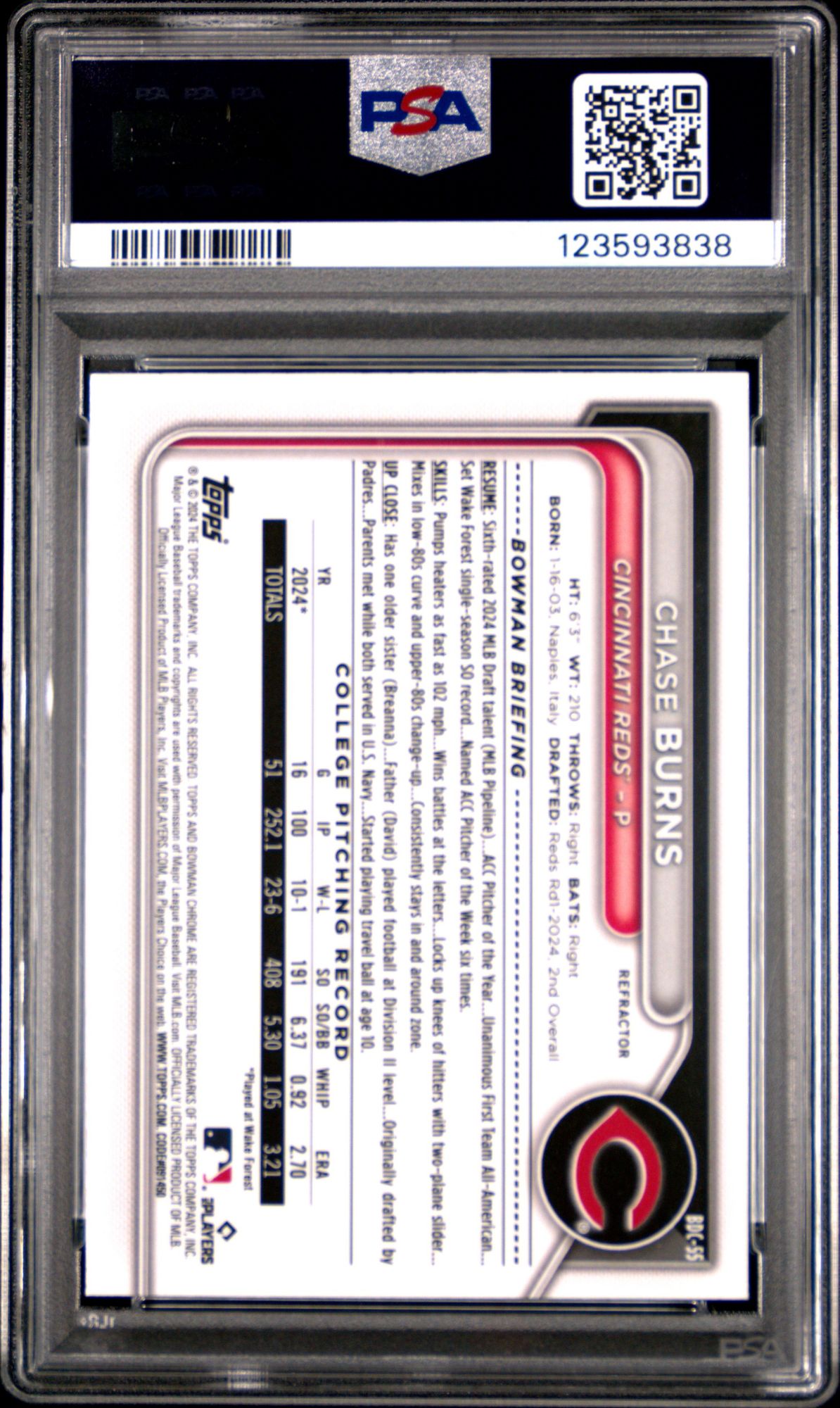2024 Bowman Draft BDC55 Chase Burns Chrome-Refractor PSA 10 product image