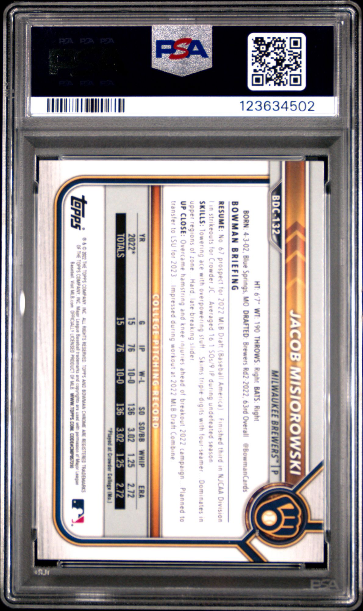2022 Bowman Draft BDC132 Jacob Misiorowski Chrome PSA 10 product image