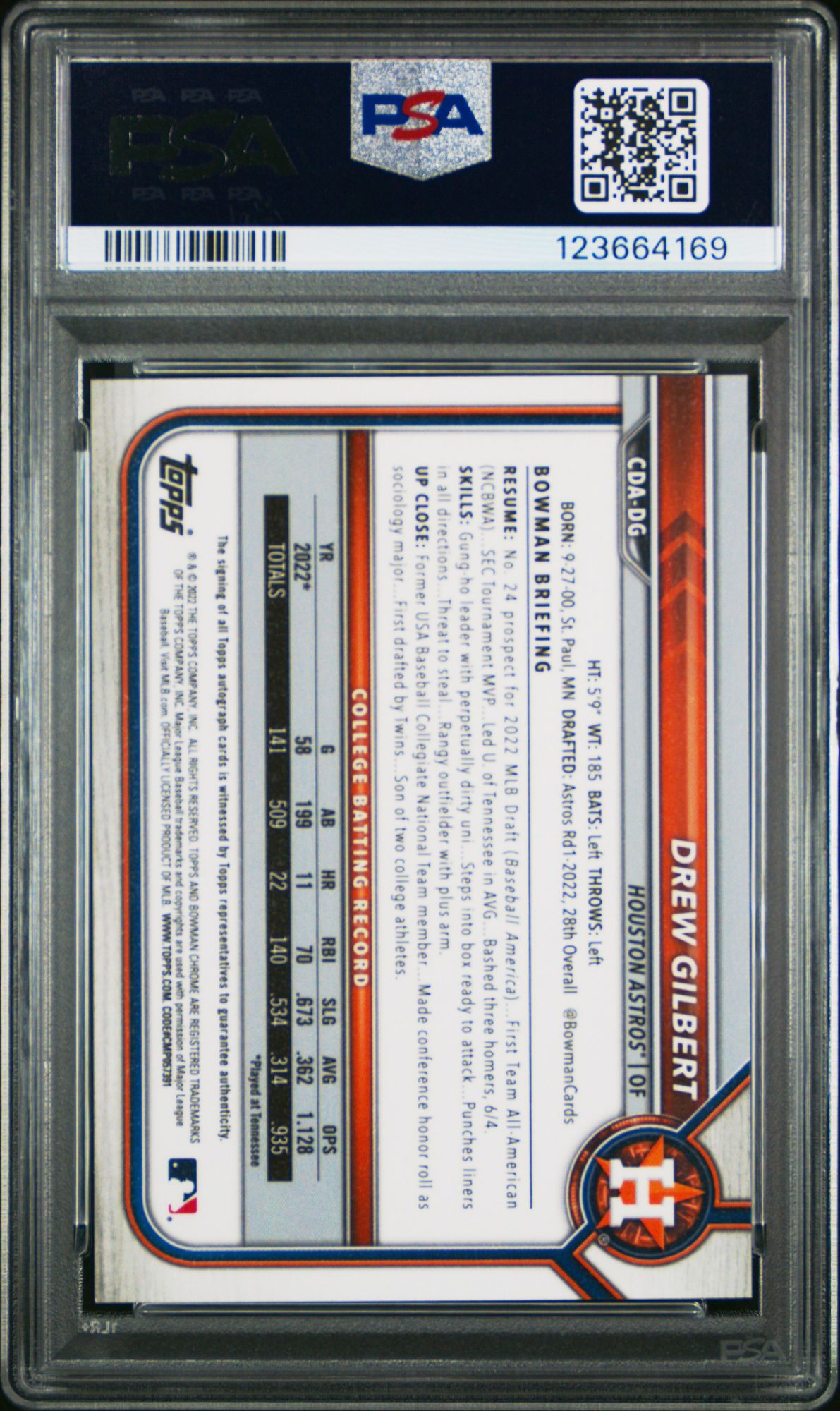 2022 Bowman Draft Chrome Draft Pick Autographs CDADG Drew Gilbert PSA 10 product image