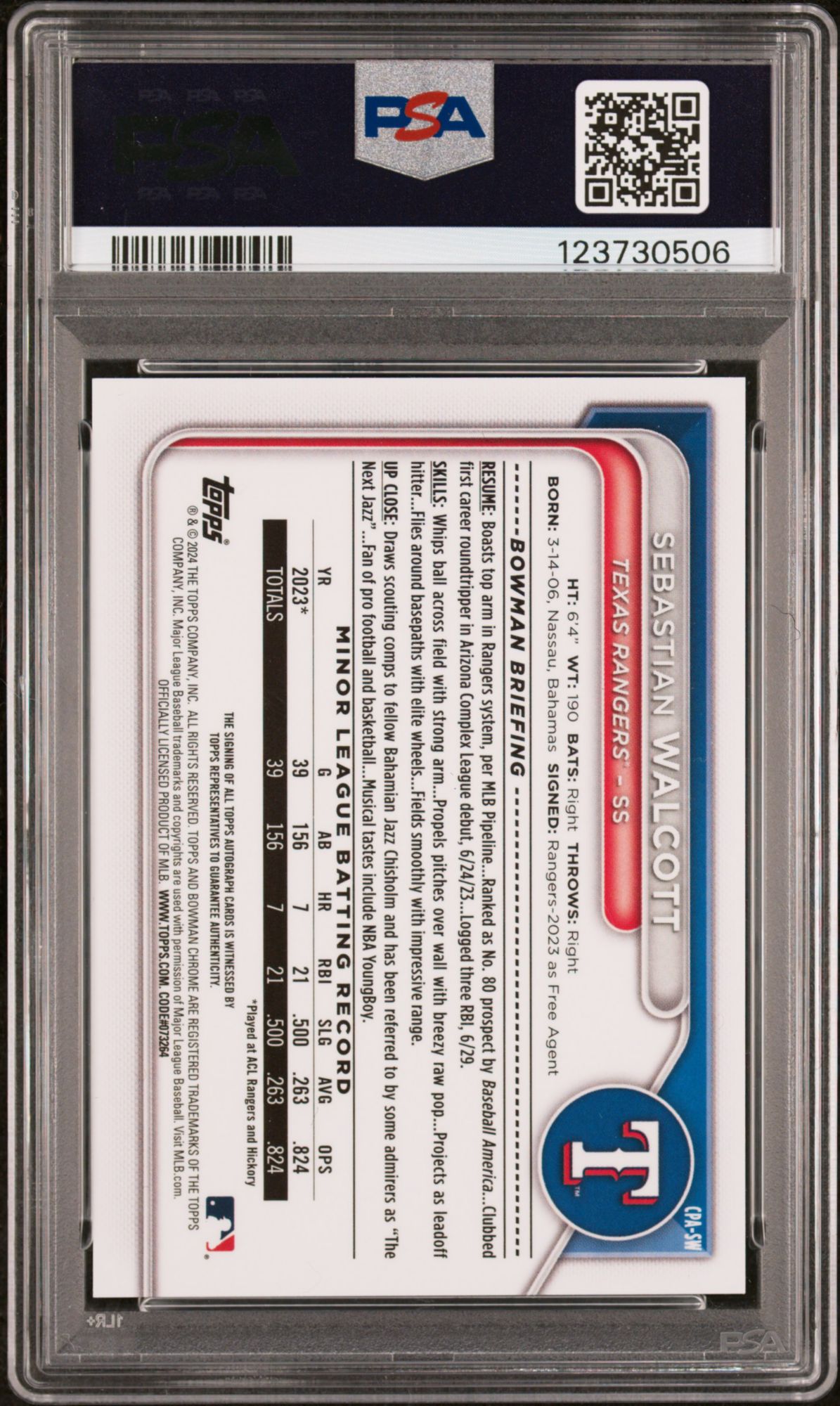 2024 Bowman Chrome Prospect Autographs CPASW Sebastian Walcott PSA 10 product image