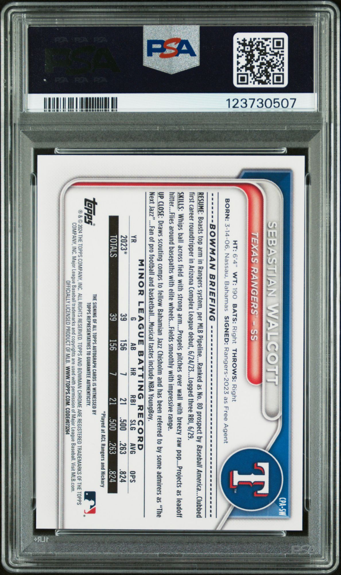 2024 Bowman Chrome Prospect Autographs CPASW Sebastian Walcott PSA 9 product image
