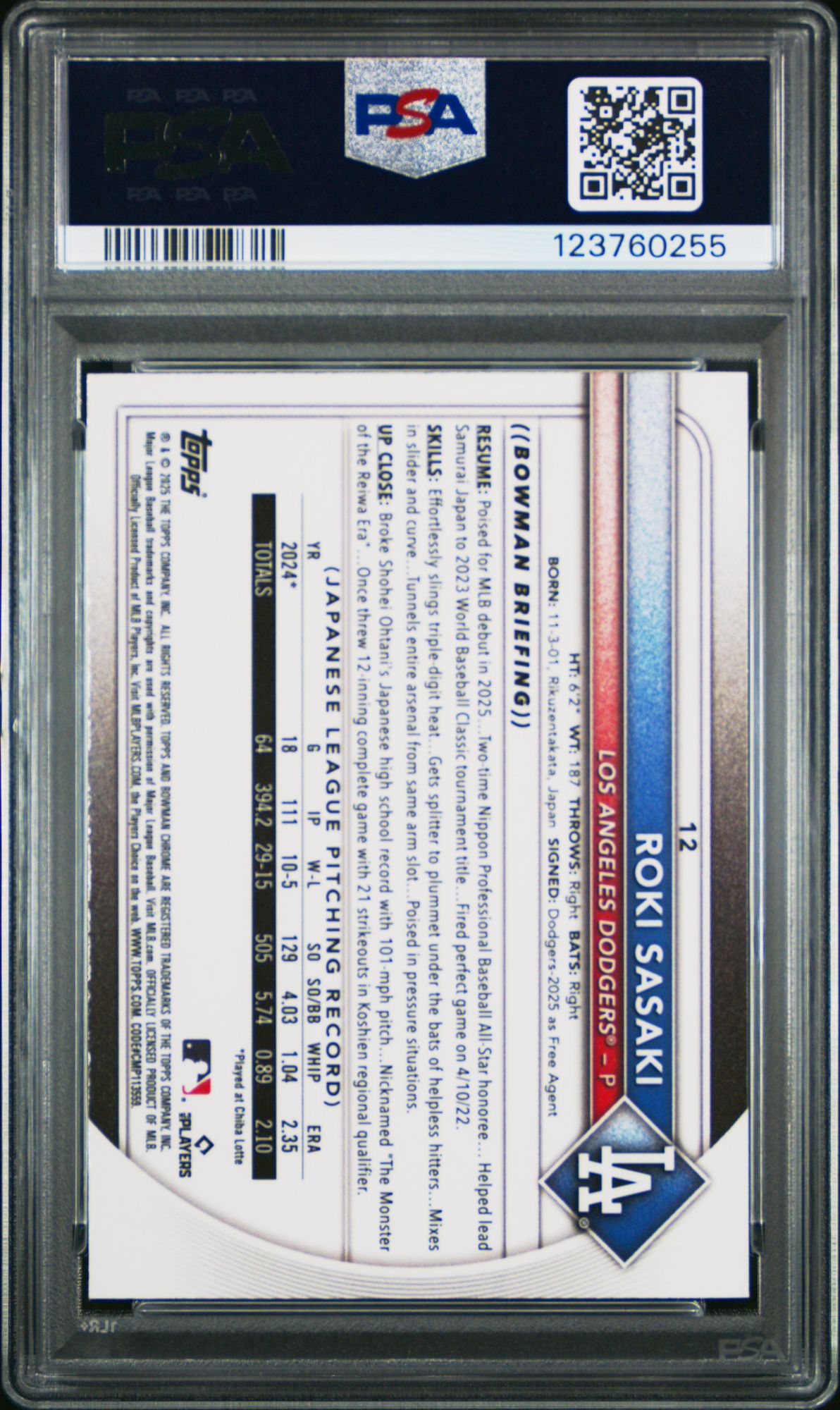 2025 Bowman 12 Roki Sasaki Red Rookie Redemption PSA 10 product image