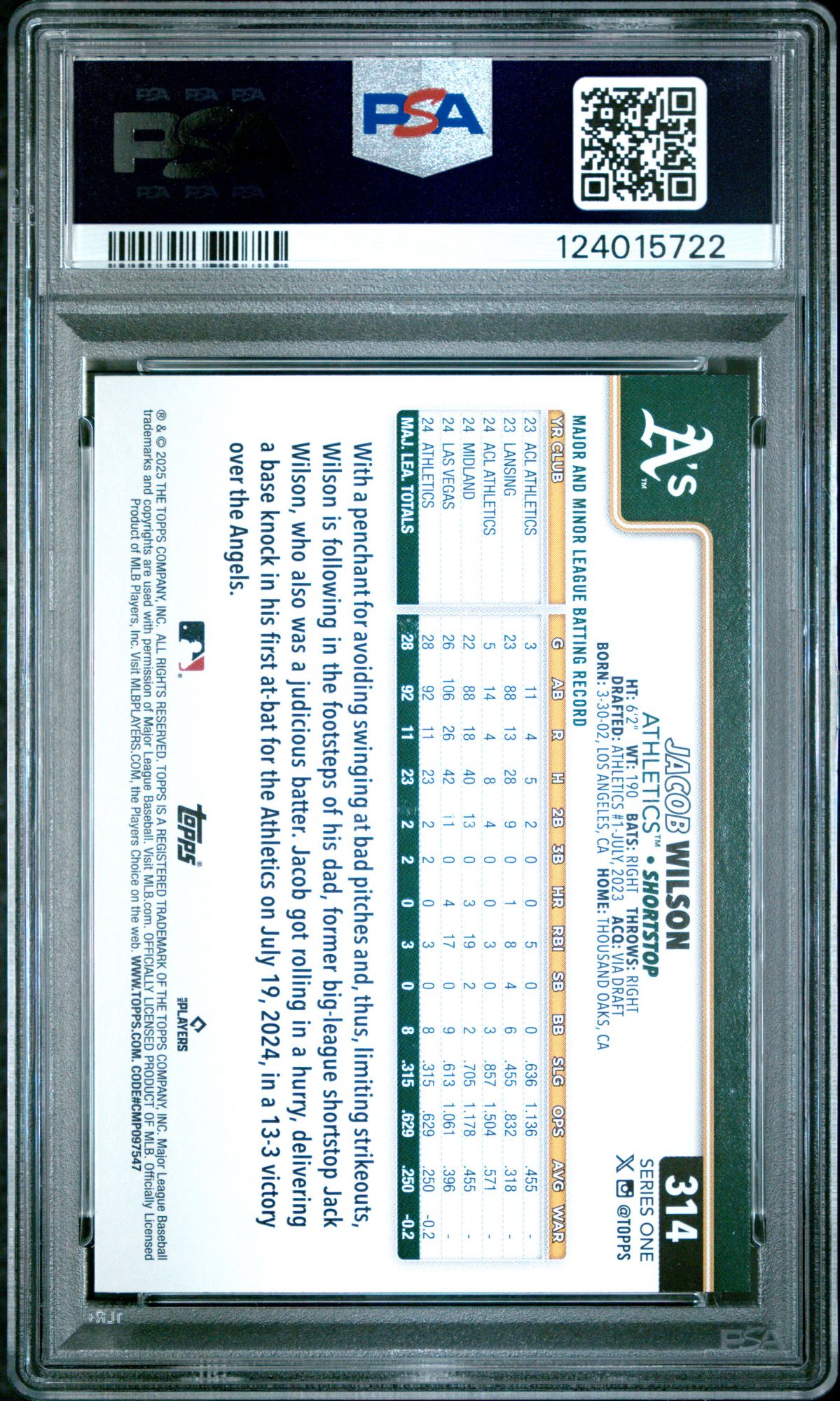 2025 Topps 314 Jacob Wilson Rainbow Foil PSA 10 product image