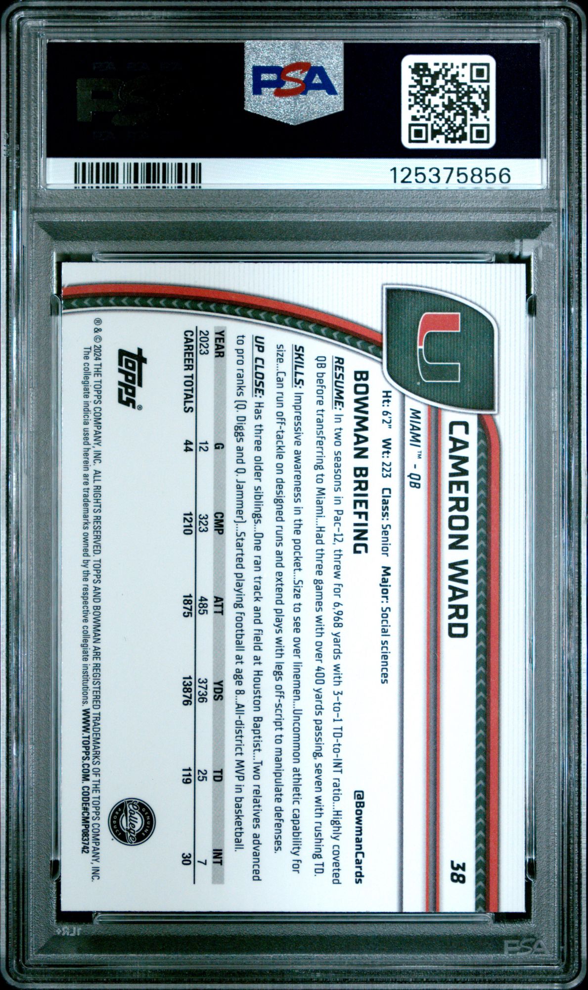 2024 Bowman University Chrome Sapphire 38 Cameron Ward PSA 10 product image