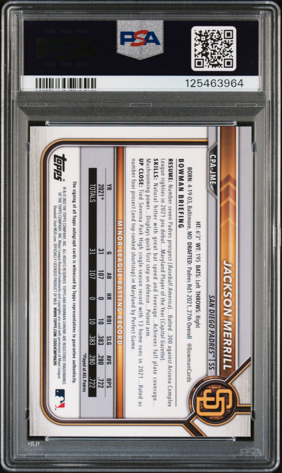 2022 Bowman Chrome Prospect Autographs CPAJME Jackson Merrill PSA 9 product image
