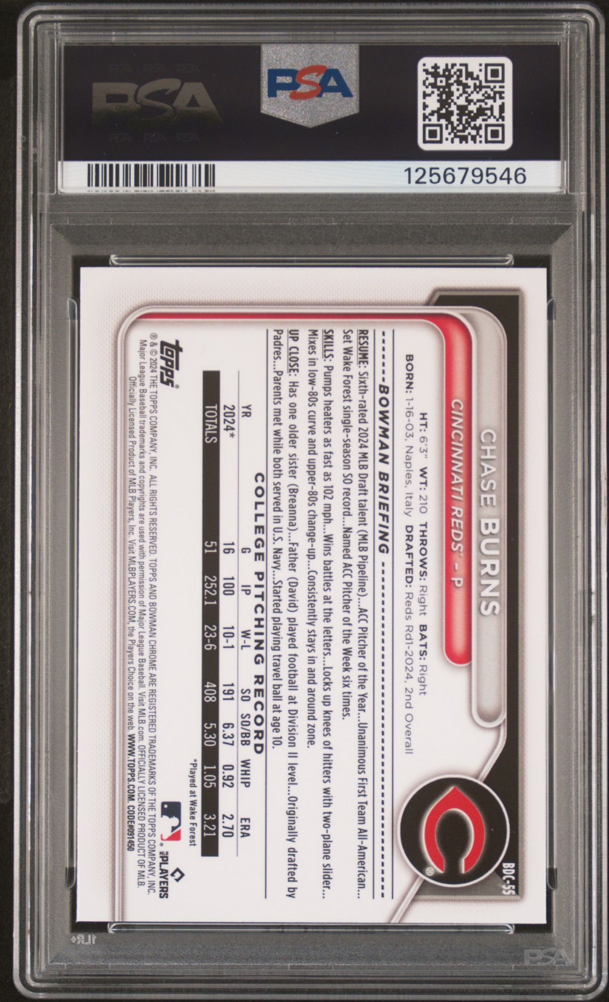 2024 Bowman Draft BDC55 Chase Burns Chrome PSA 10 product image