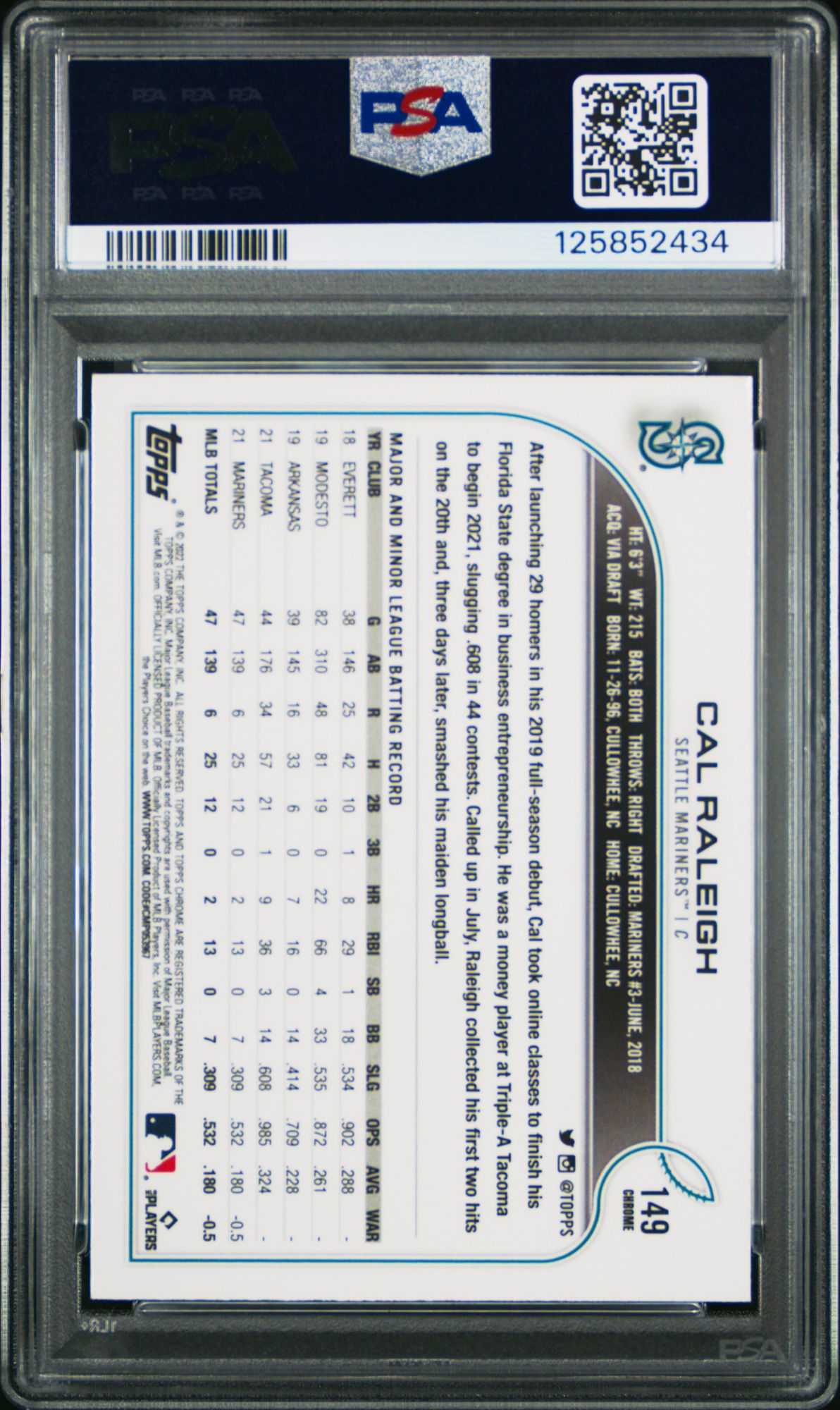 2022 Topps Chrome 149 Cal Raleigh Prism Refractor PSA 10 product image