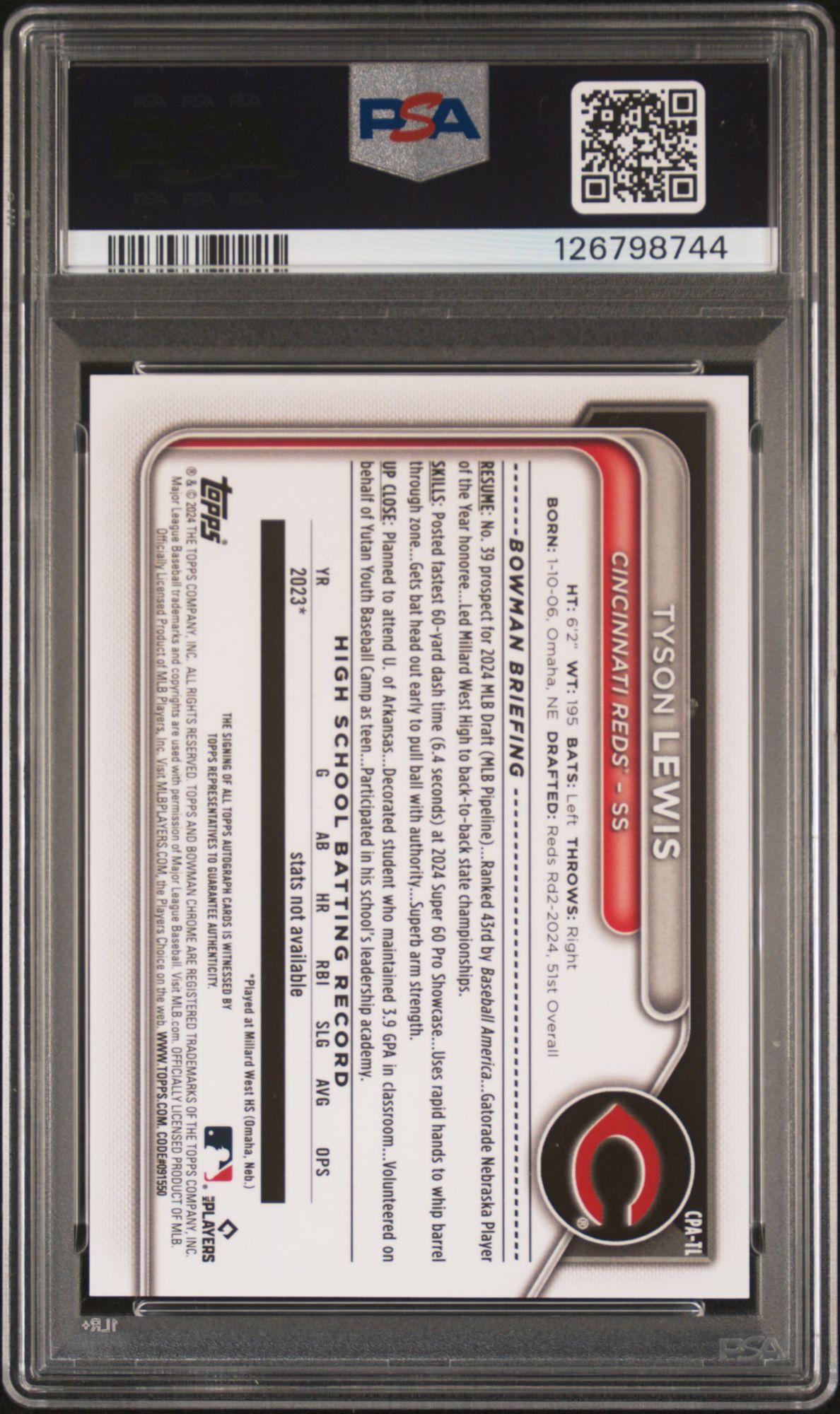 2024 Bowman Draft Chrome Prospect Autographs CPATL Tyson Lewis PSA 10 product image