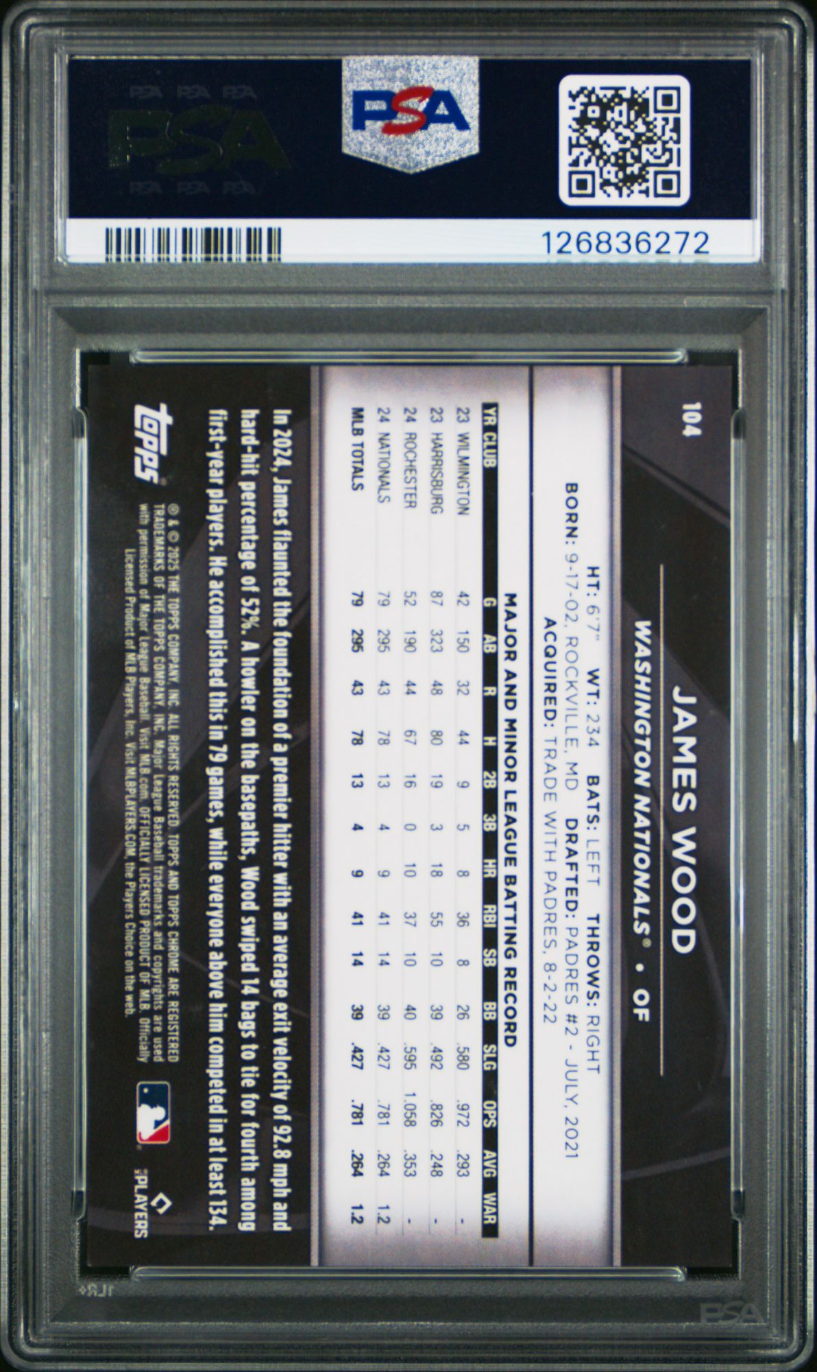 2025 Topps Chrome Black 104 James Wood Orange Wave PSA 9 product image