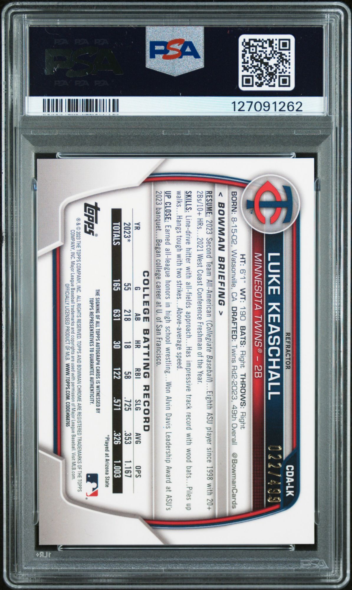 2023 Bowman Draft Chrome Prospect Autograph CDALK Luke Keaschall Refractor PSA 10 product image