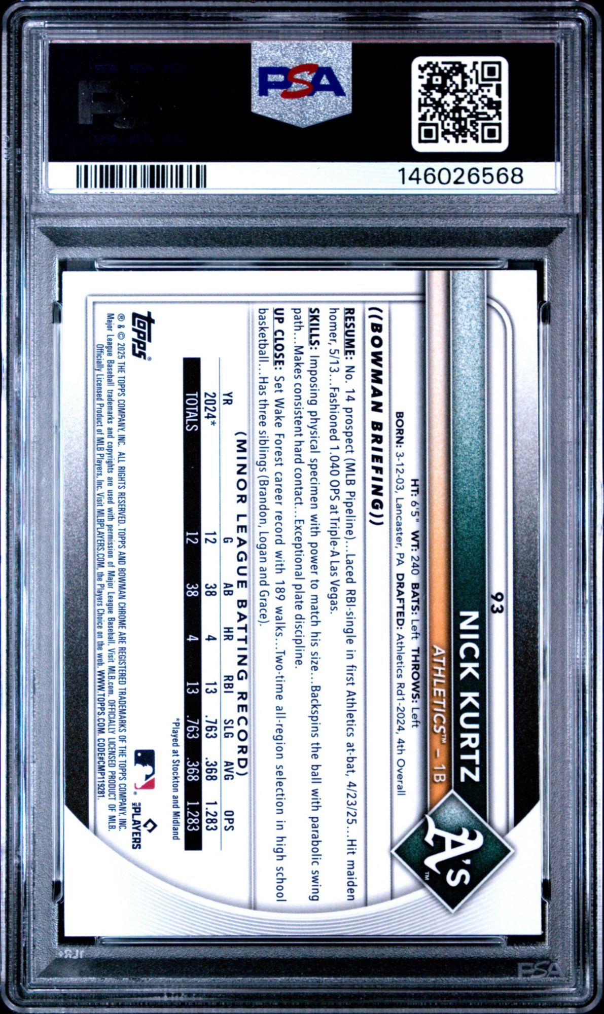 2025 Bowman Chrome 93 Nick Kurtz Red Rookie Redemption PSA 9