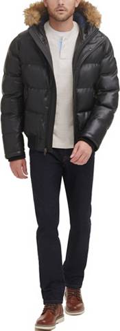 Tommy Hilfiger Men's Faux Leather Quilted Snorkel Bomber Jacket with Faux Fur Hood | Sporting Goods