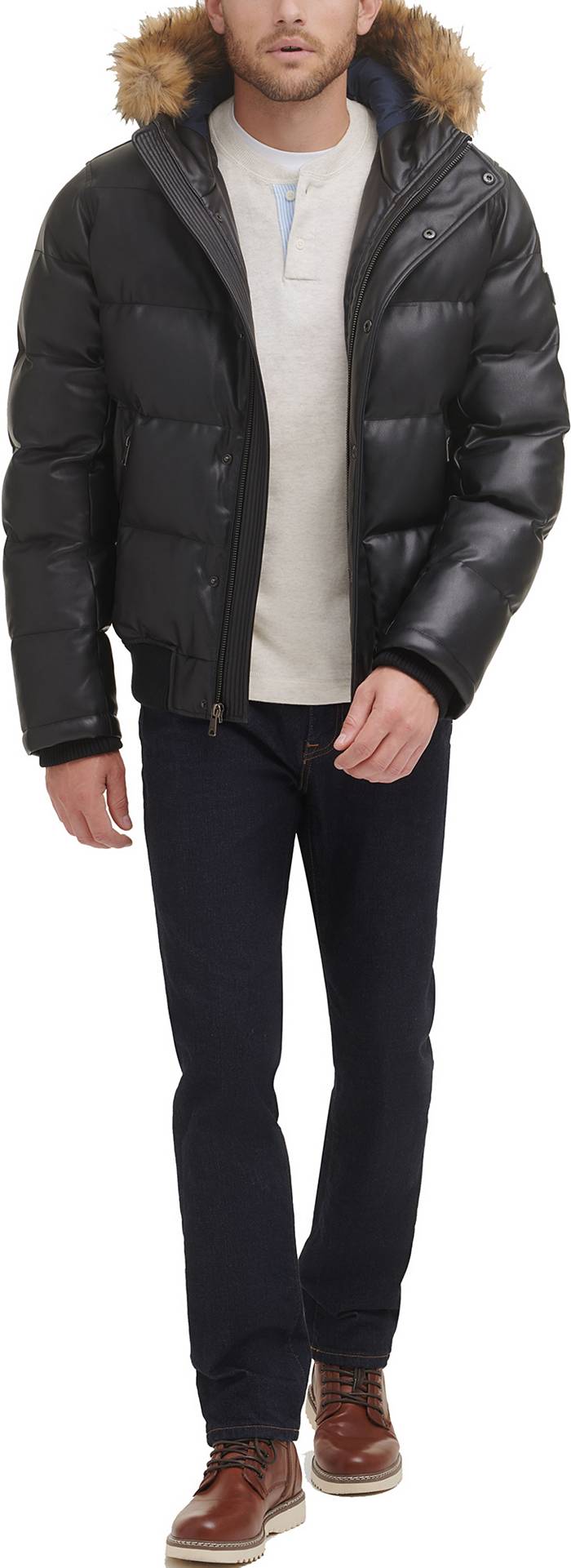 Tommy Hilfiger Men's Faux Leather Quilted Snorkel Bomber Jacket with Faux Hood | Dick's Sporting Goods