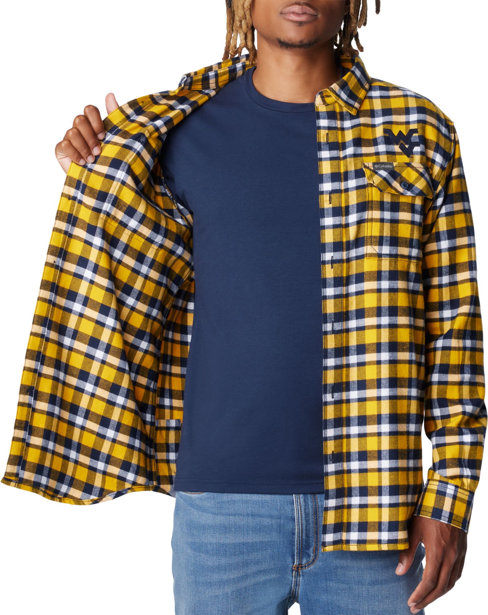 Columbia Men's West Virginia Mountaineers Gold Plaid Flare Gun Flannel Button Down Long Sleeve Shirt