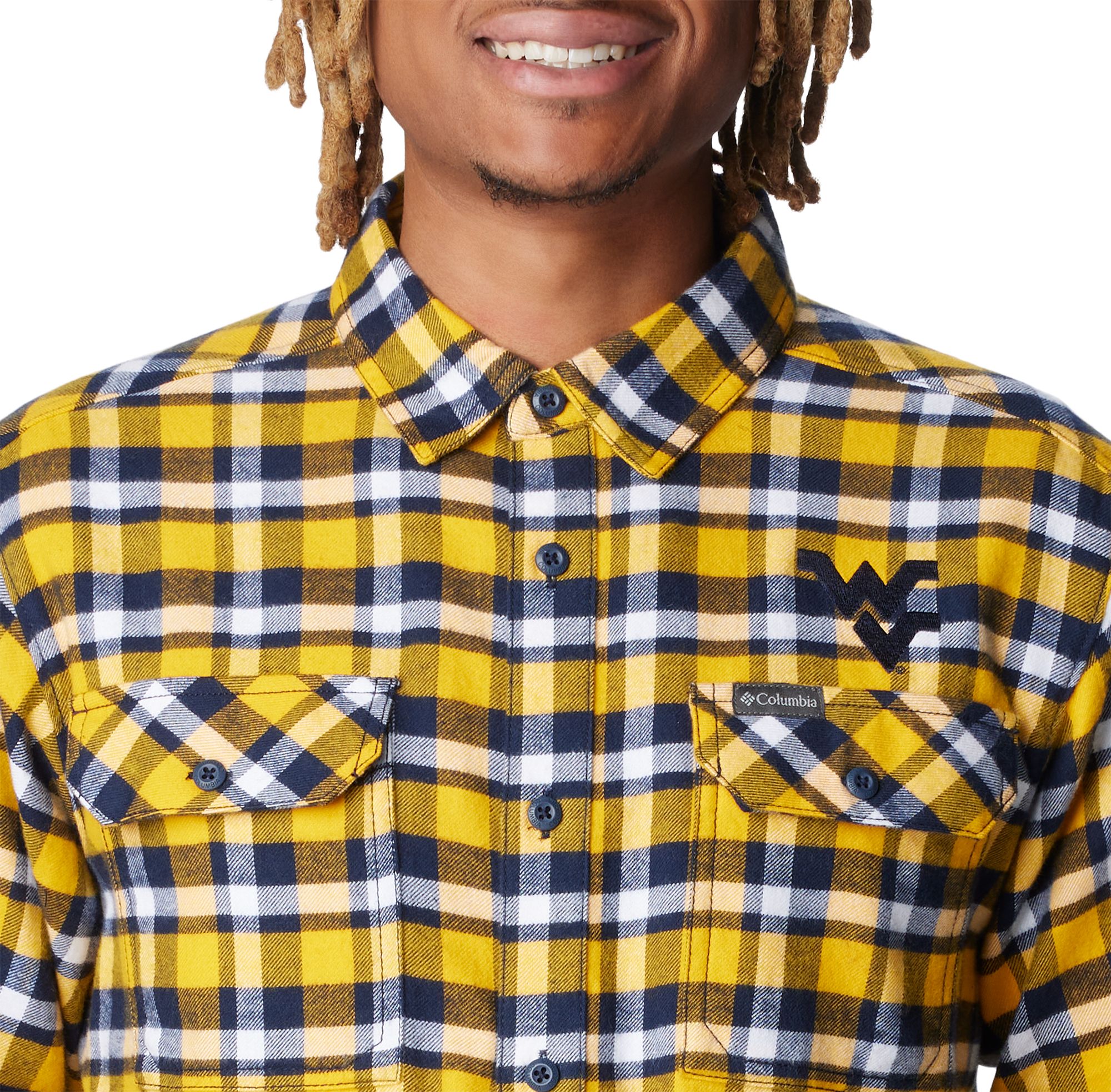 Columbia Men's West Virginia Mountaineers Gold Plaid Flare Gun Flannel Button Down Long Sleeve Shirt