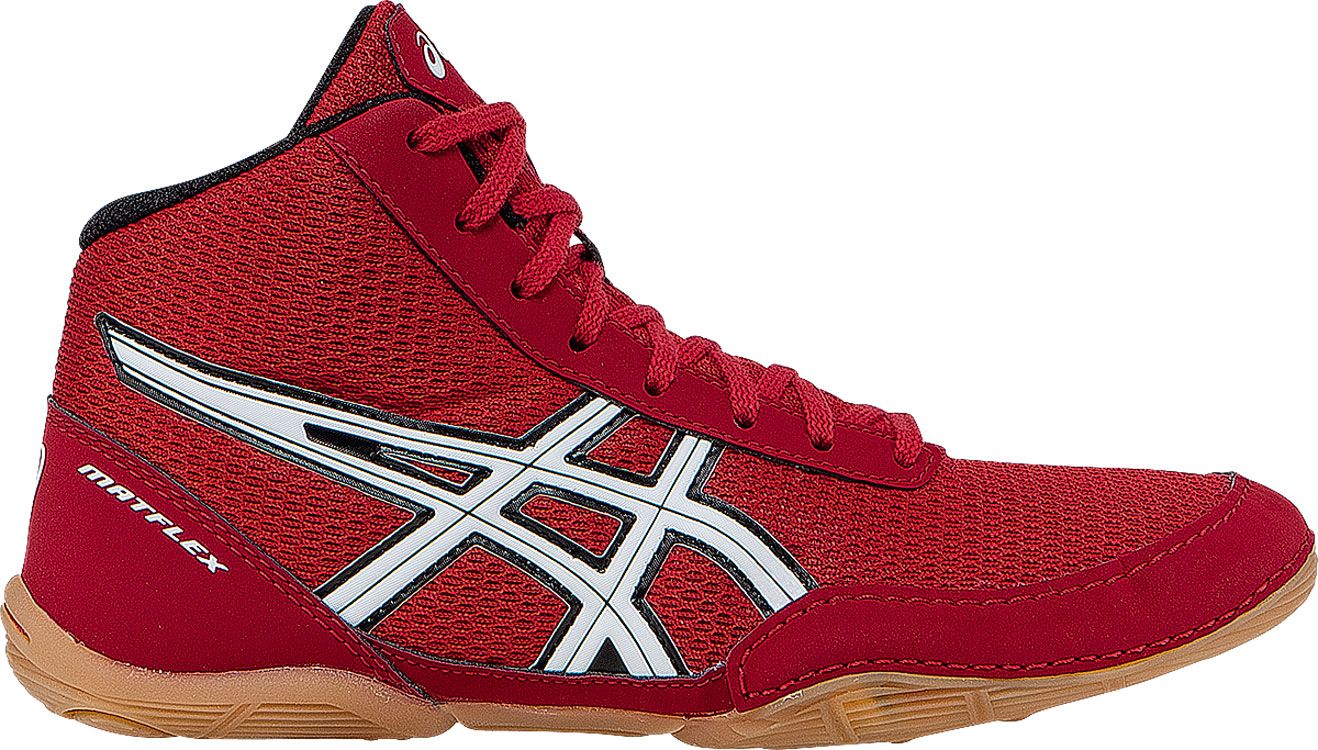 red and black asics wrestling shoes