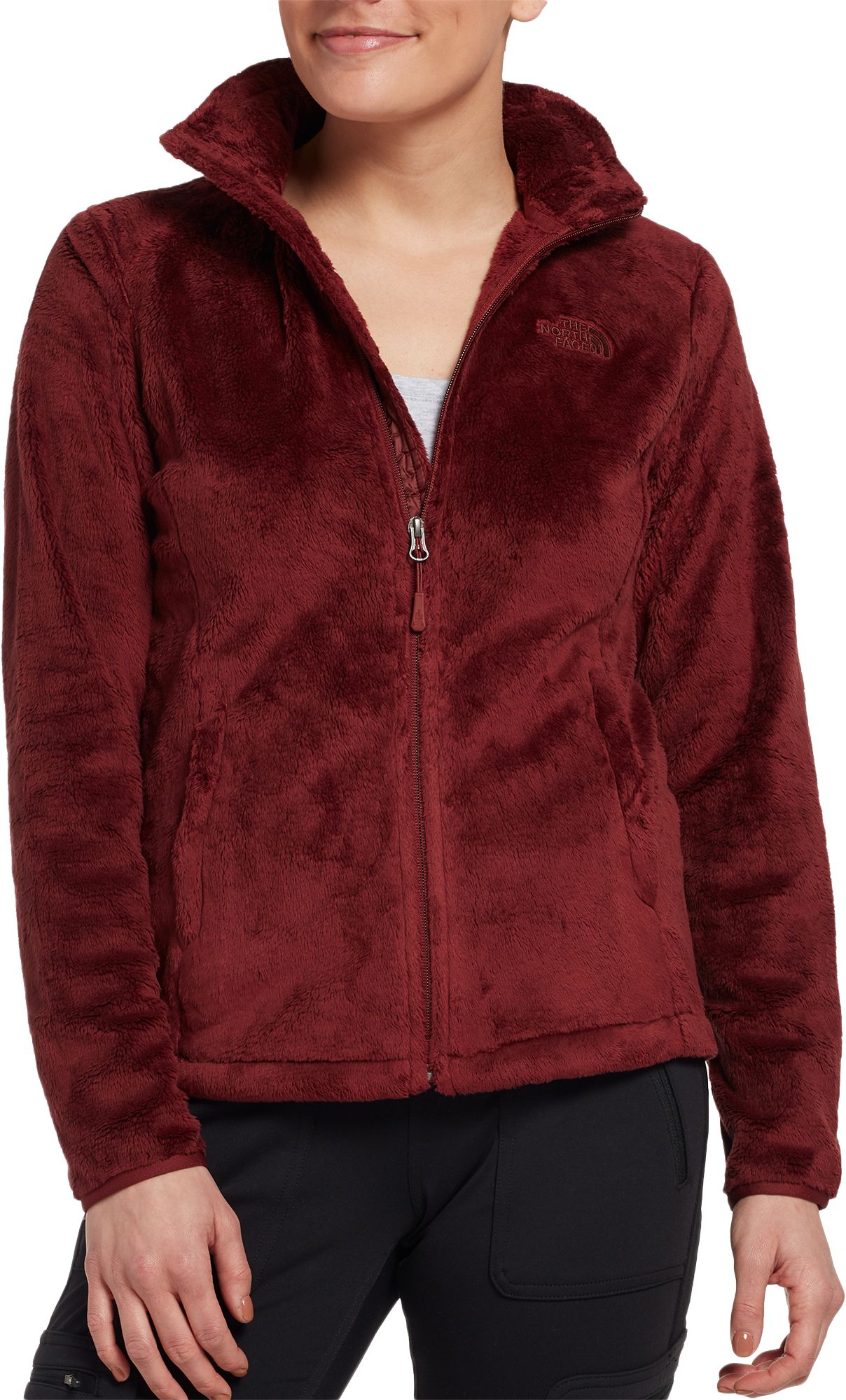 red fuzzy north face jacket