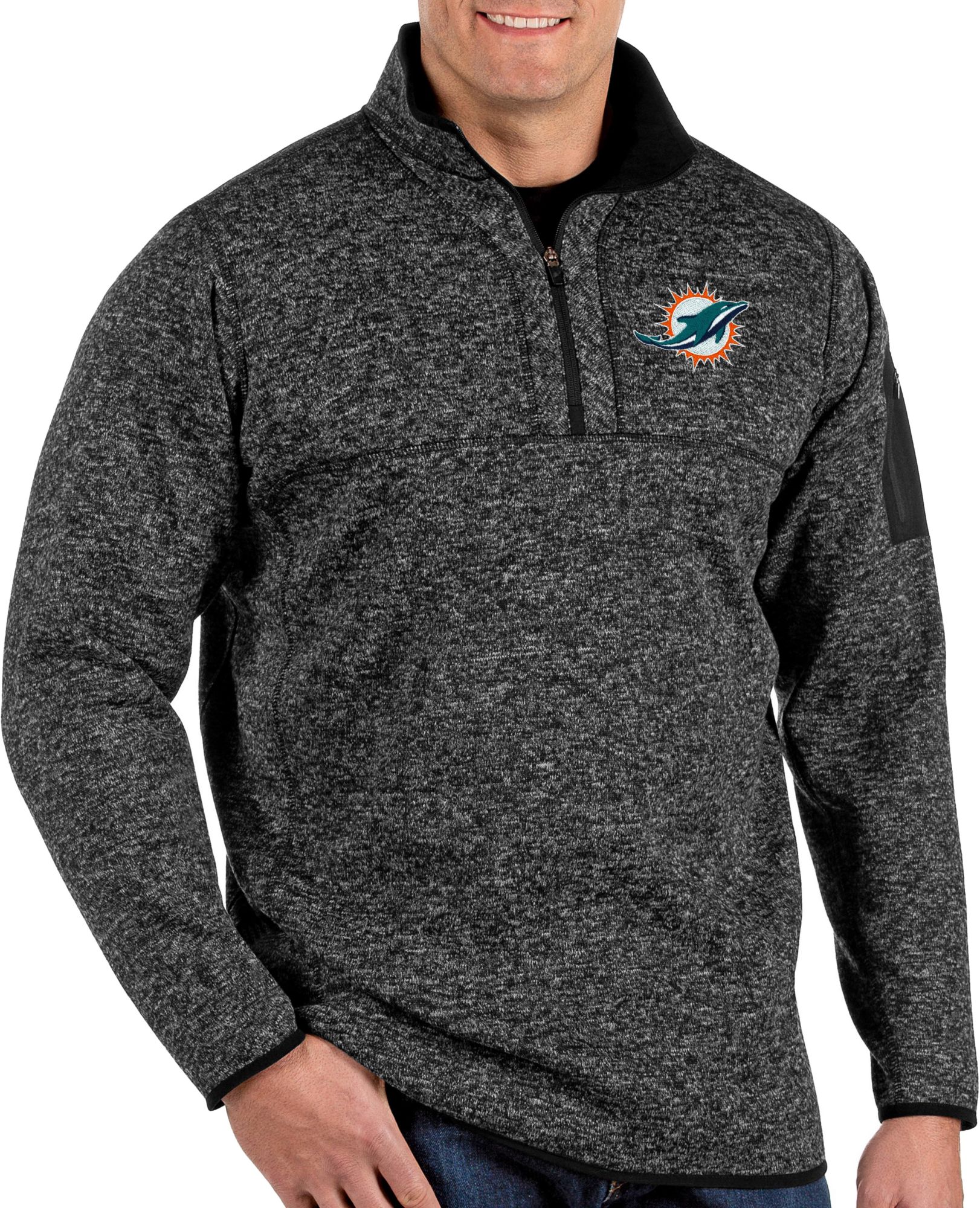 Antigua Miami Dolphins Black Axe Bunker Long Sleeve Hoodie, Black, 86% Cotton / 11% Polyester / 3% SPANDEX, Size XL, Rally House