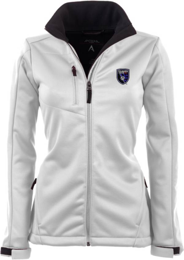 Antigua Women's San Jose Earthquakes Traverse White Soft-Shell Full-Zip Jacket