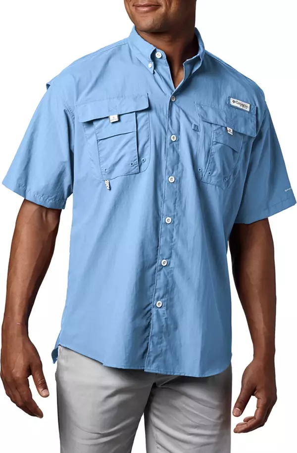Columbia Mens Shirts Short Sleeve Button Down Beige Fish Pattern Silk Size  S