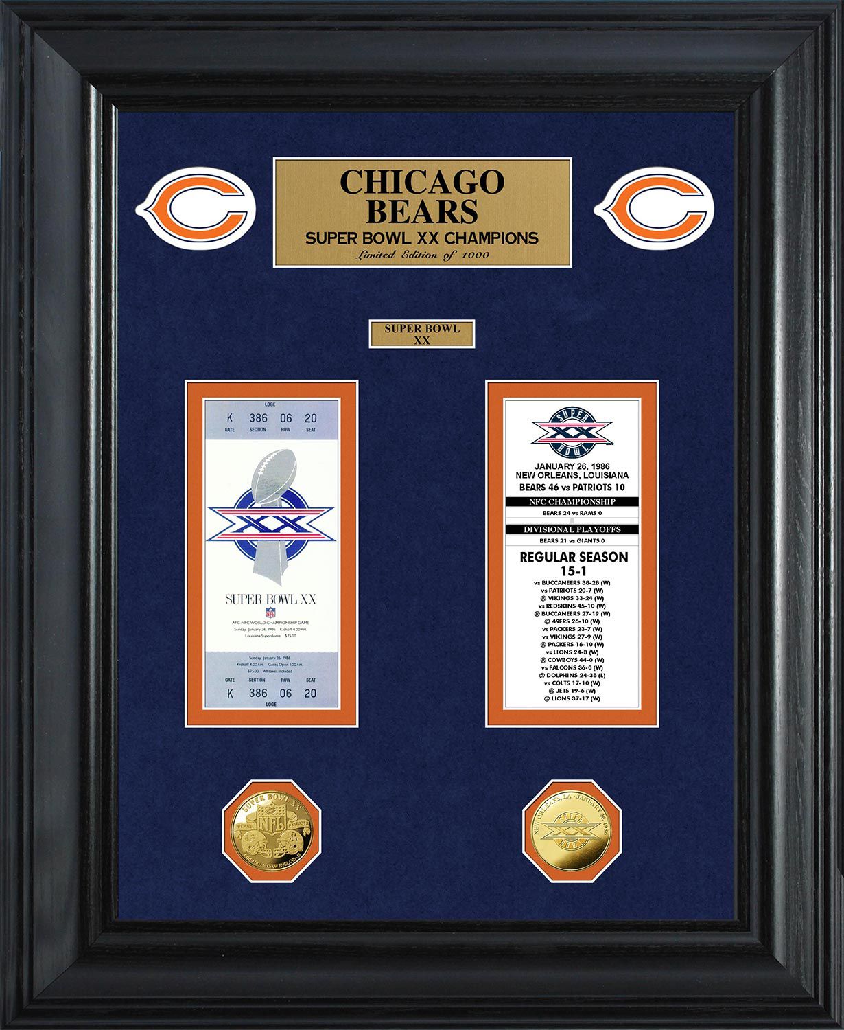 The Highland Mint Chicago Bears Super Bowl Ticket and Coin Collection
