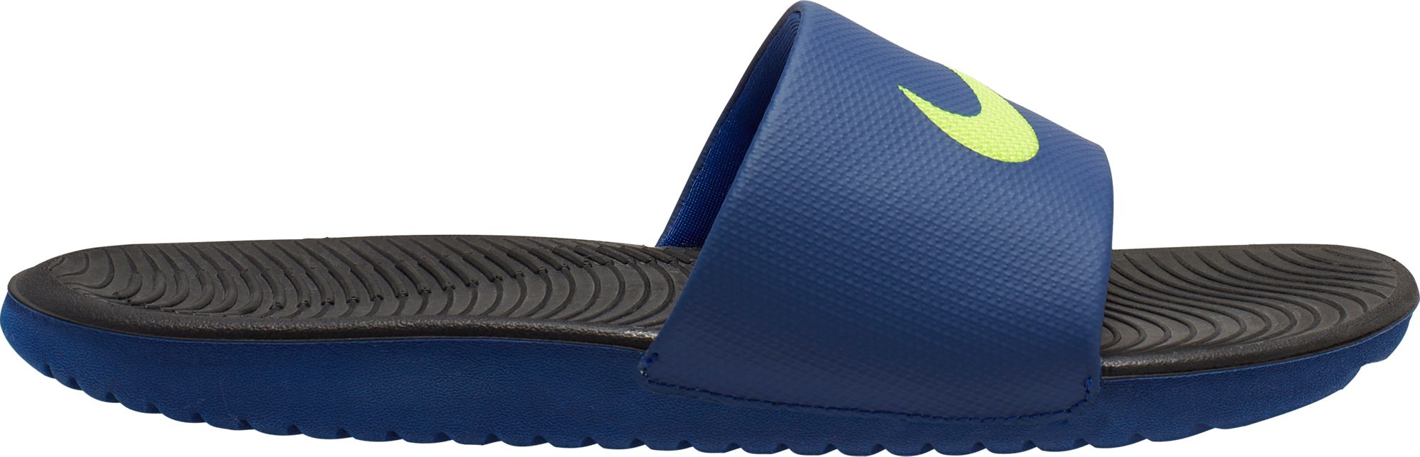 black and blue nike slides