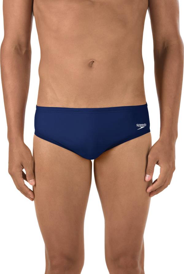 Navy Wide Stripe Speedo-Cut Men's Swim Brief w/ Drawstring. Size