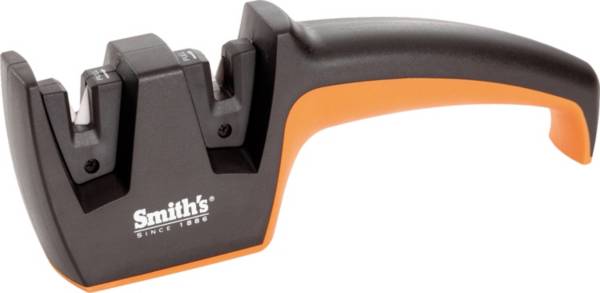 Smith's 50090 Pull-Thru Knife Sharpener - Grey - Coarse & Fine Sharpeners -  Non-Slip Rubber Base – Straight & Serrated Blades – Pocket, Hunting, Sport