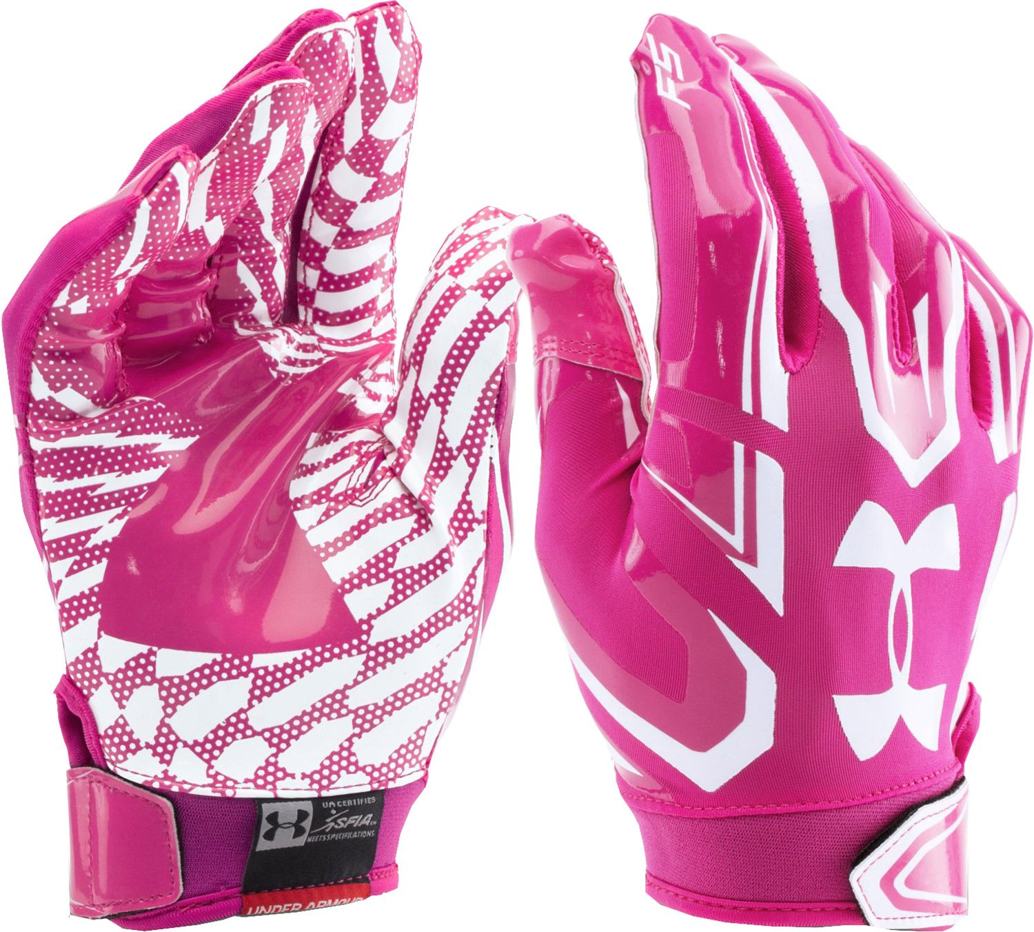 pink and white football gloves