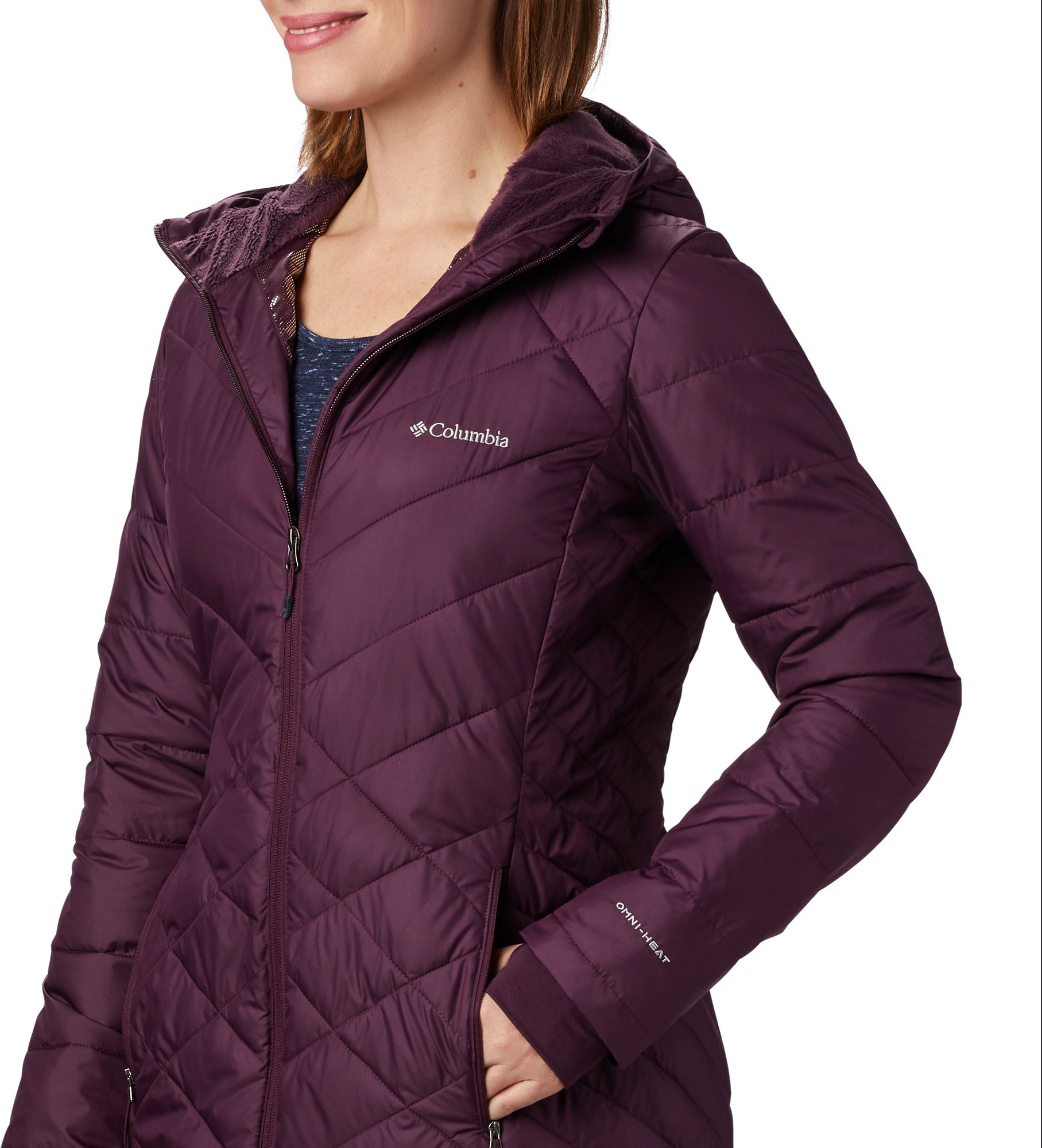 columbia women's heavenly long hooded jacket dark plum