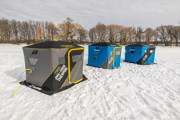 CLAM 14471 Portable 4 to 6 Person 9 Foot Jason Mitchell X5000 Ice Fishing  Angler Thermal Hub Shelter Tent with Anchors, Tie Ropes, and Carrying Bag