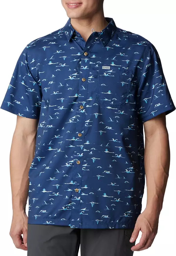 Men's Crab Button Down Sun Shirt by Chart Your Own Course | UPF 50 | Lightweight Performance Fabric | Short Sleeves | Vented Back M / Teal