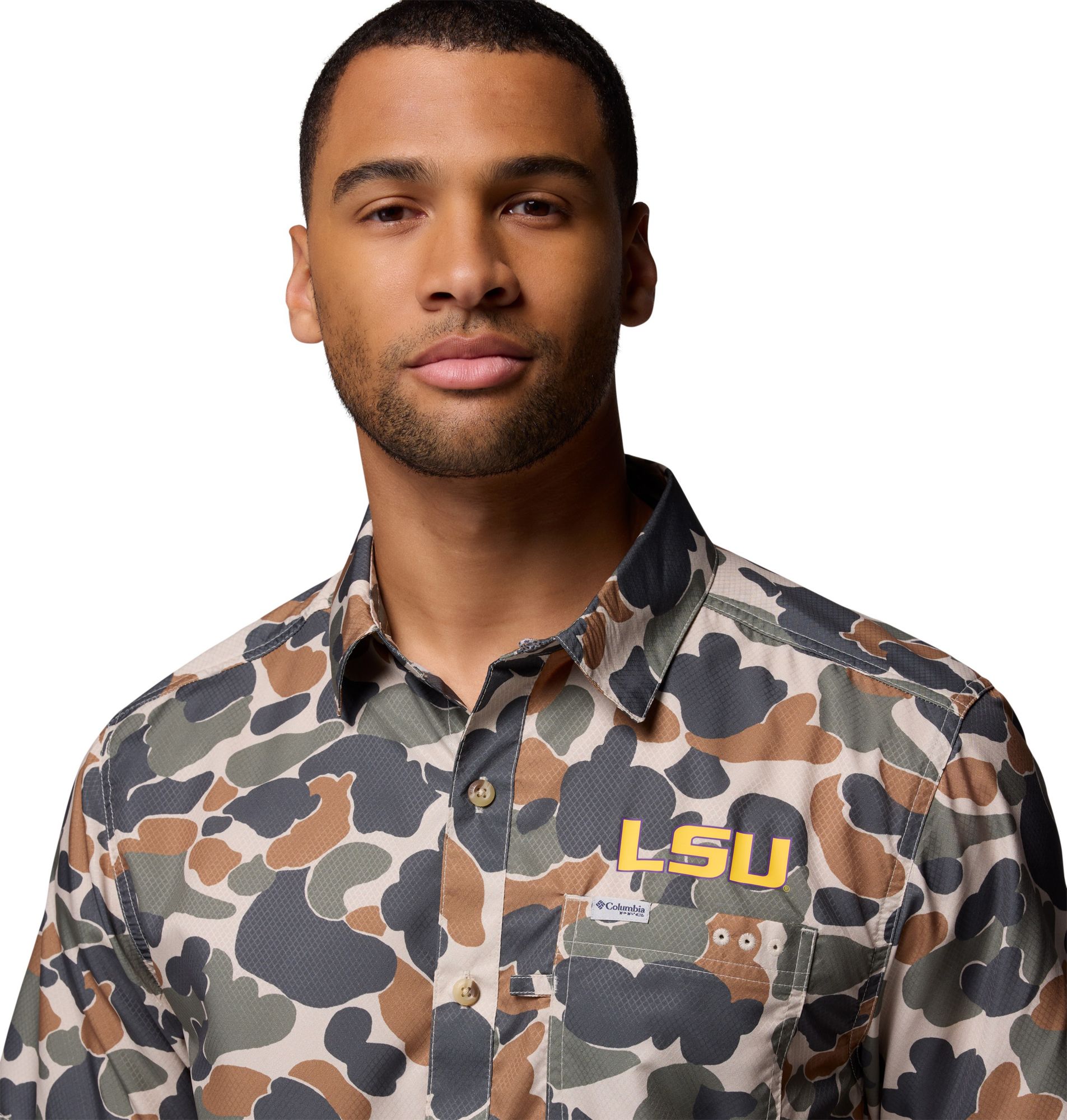Columbia Men's LSU Tigers Camo Super Slack Tide Button Down Shirt product image