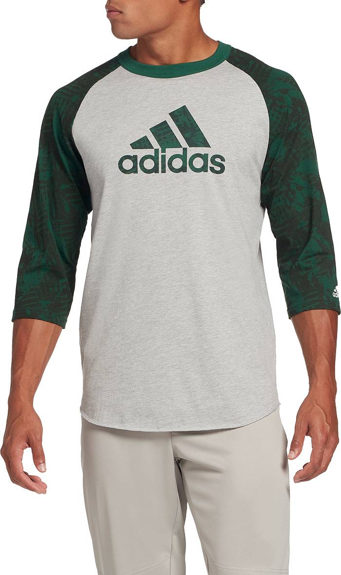 Adidas Men's Triple Stripe Printed ¾ Sleeve Baseball Shirt, Small, Green Twist Camo Logo