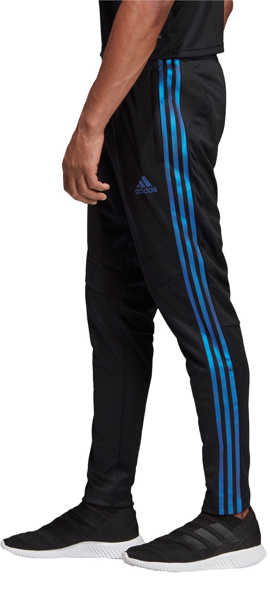black adidas pants with blue stripes