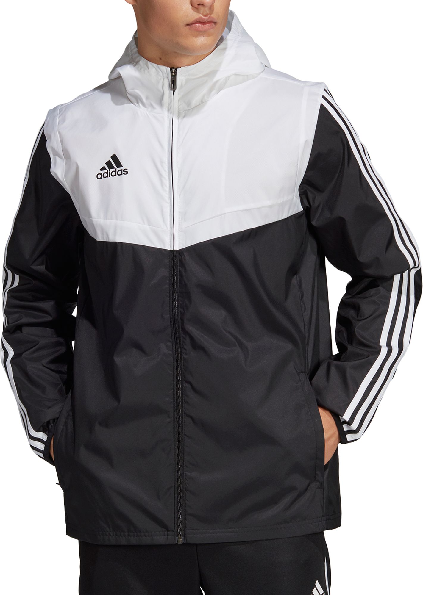 black adidas jacket with white stripes