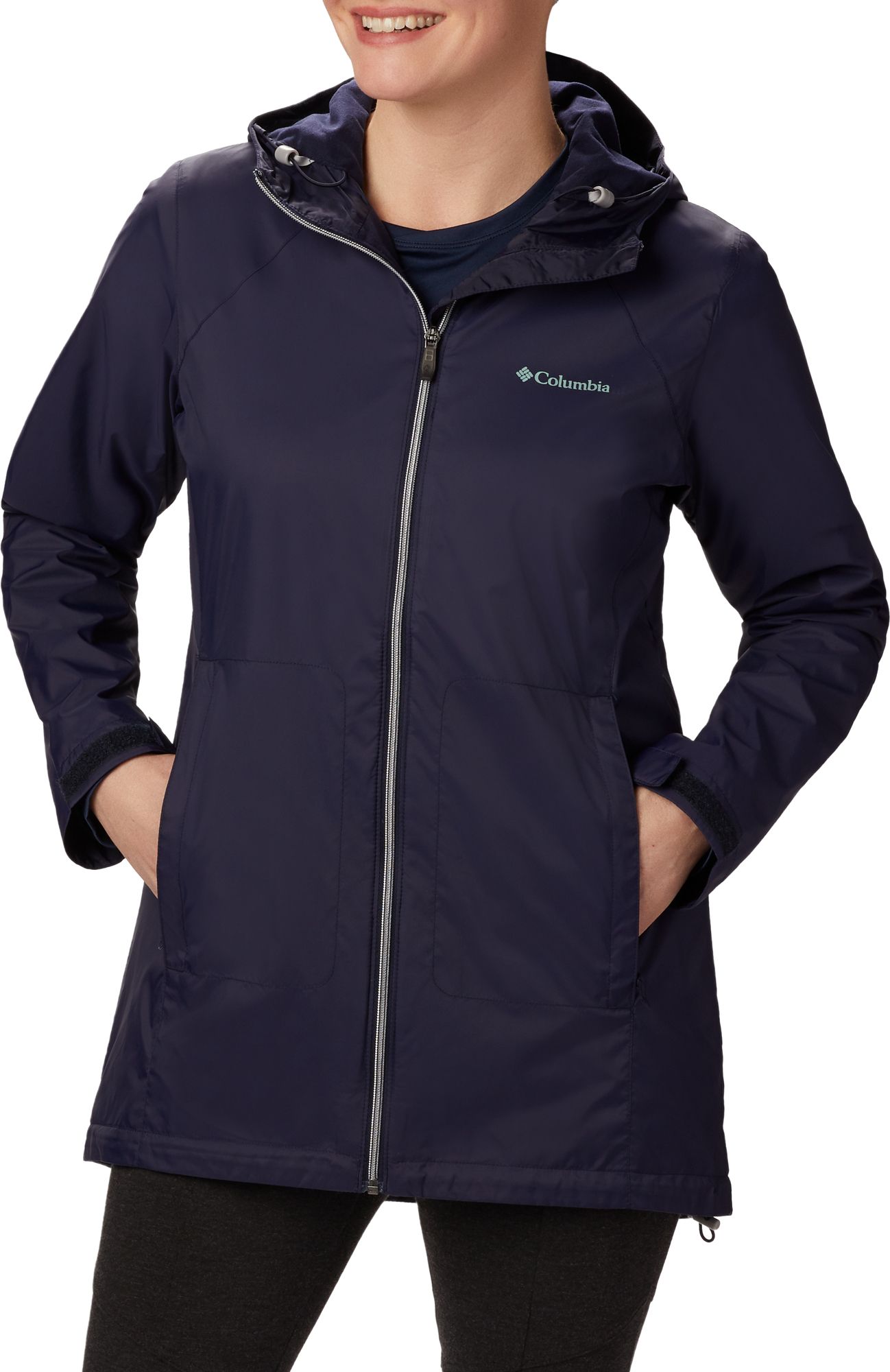 women's long rain jacket with hood